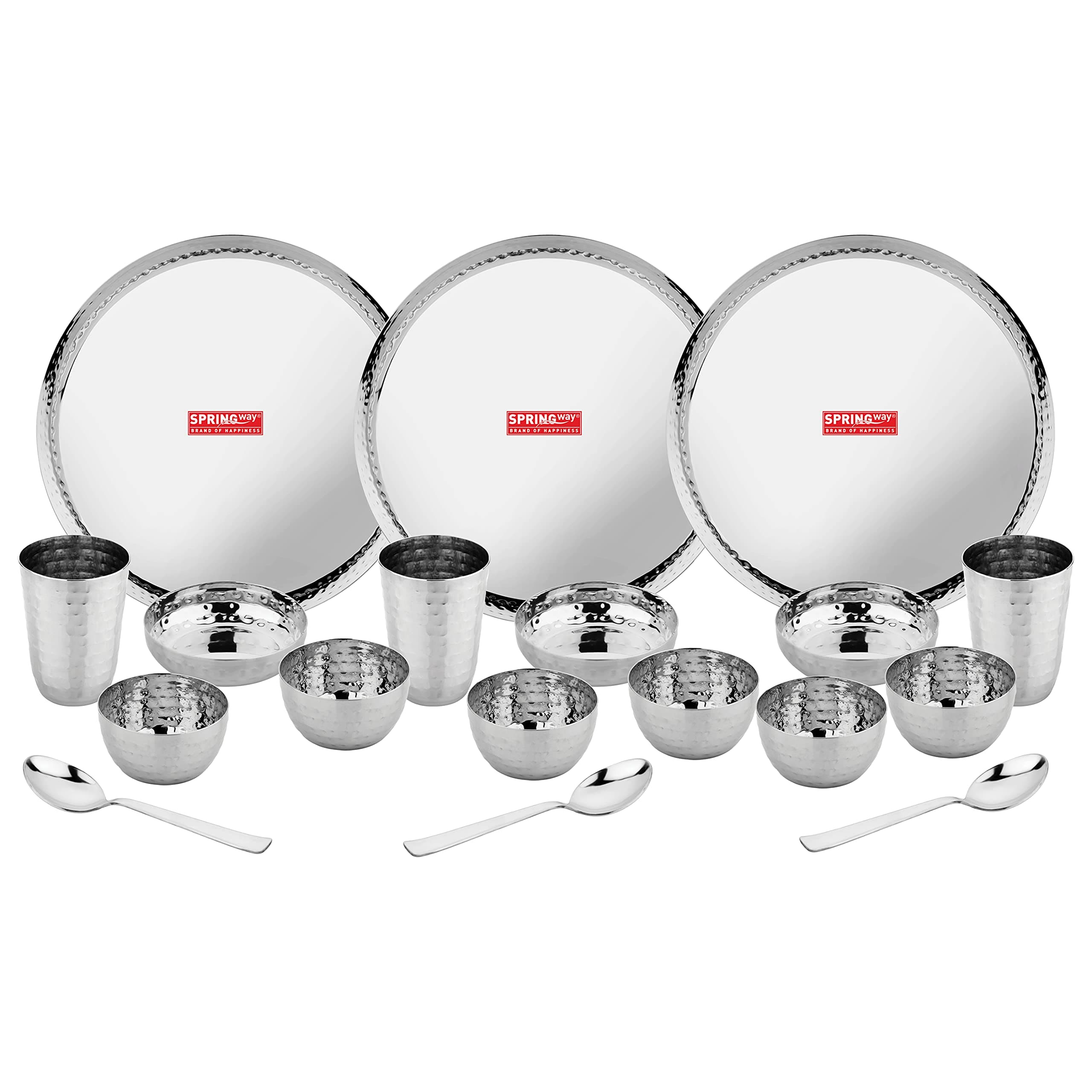 SPRINGWAY - Brand of HappinessKingKraft Dinner Set of 3 Dinner Plate, 3 Halwa Plate, 6 Katori Bowl, 3 Glass, 3 Spoon (Silver) (Set of 18)