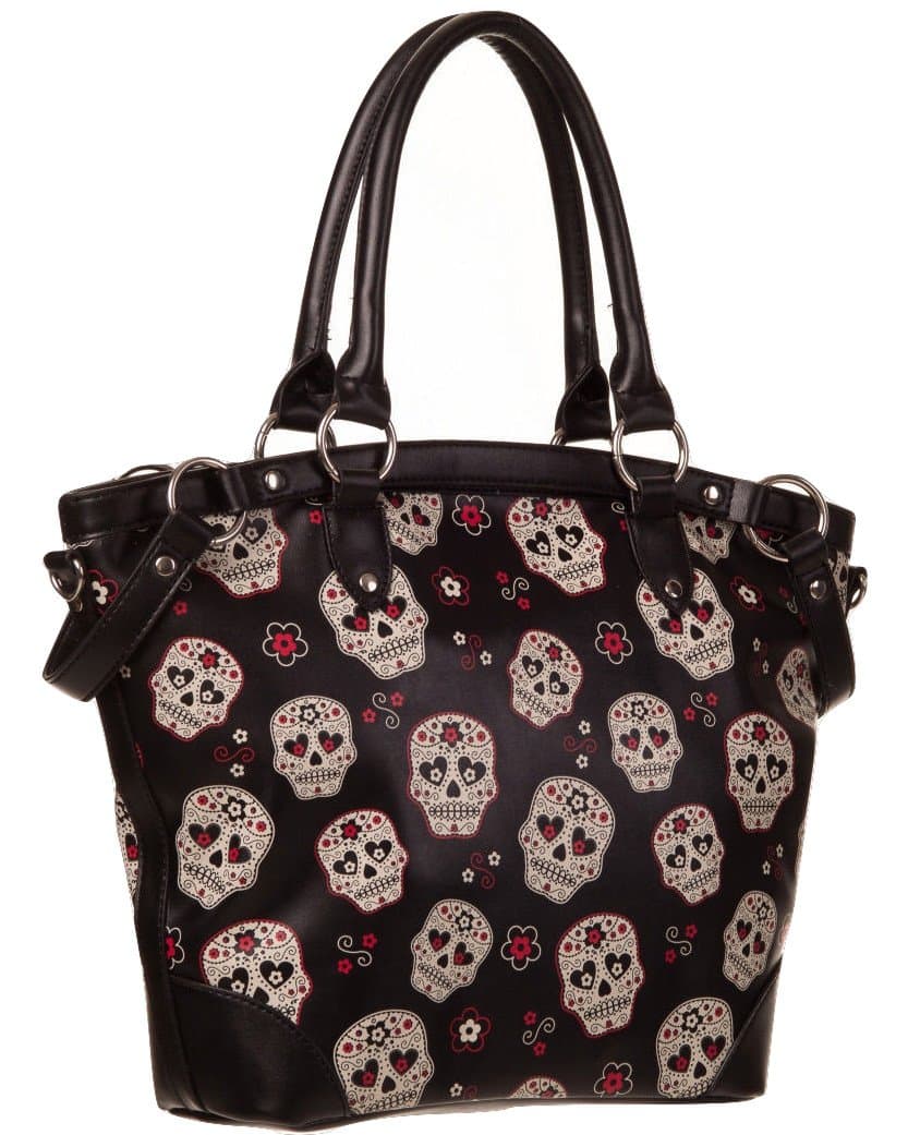 BANNED BLACK RED SUGAR CANDY SKULL HANDBAG BAG FAUX LEATHER TATTOO ROCKABILLY BEDLAM