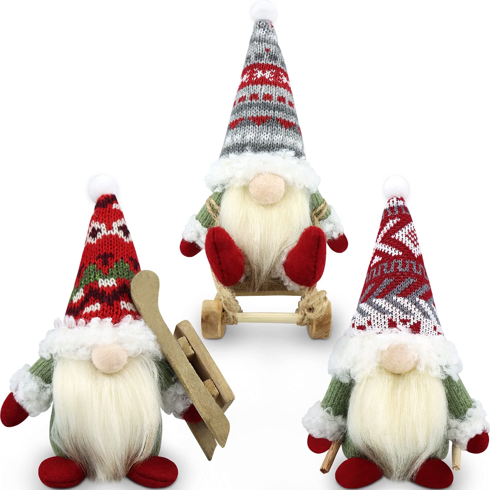 Christmas Gnomes Decorations Set of 3 Mini Gnomes Ski with Sled Handmade Scandinavian Tomte Knomes Nomes Santa Xmas Decor for Home Kitchen Farmhouse Tiered Tray