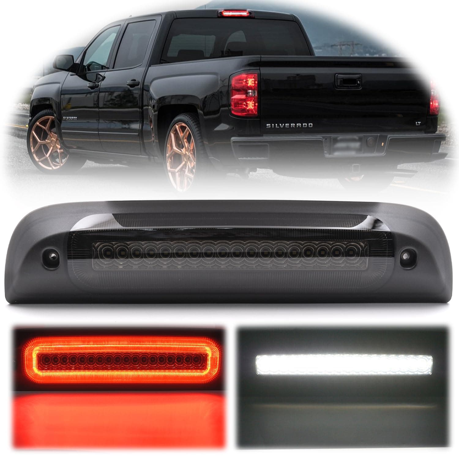 Led Third Brake Light Replacement for 2014-2018 Chevy Silverado GMC Sierra 1500 2500HD 3500HD Red LED Strobe Rear 3rd Brake Center High Mount Stop Lamp + White Cargo Light Kit Euro Smoked Lens