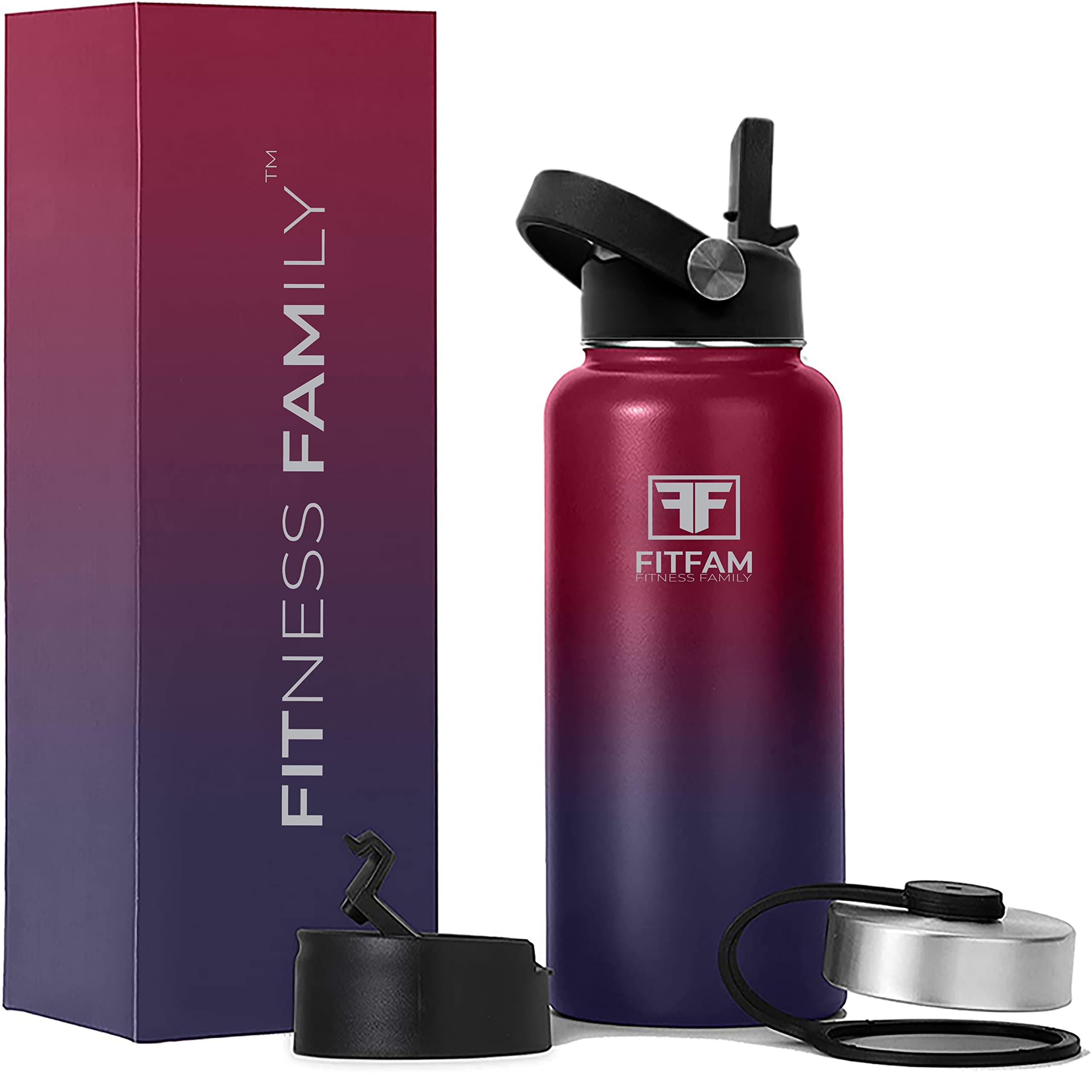 FITFAM Vacuum Insulated Stainless Steel Water Bottle, 1L / 600ml Water Bottle with Straw Lid, BPA Free, Leak Proof, Cold for up to 24 Hours, Gym Work Home