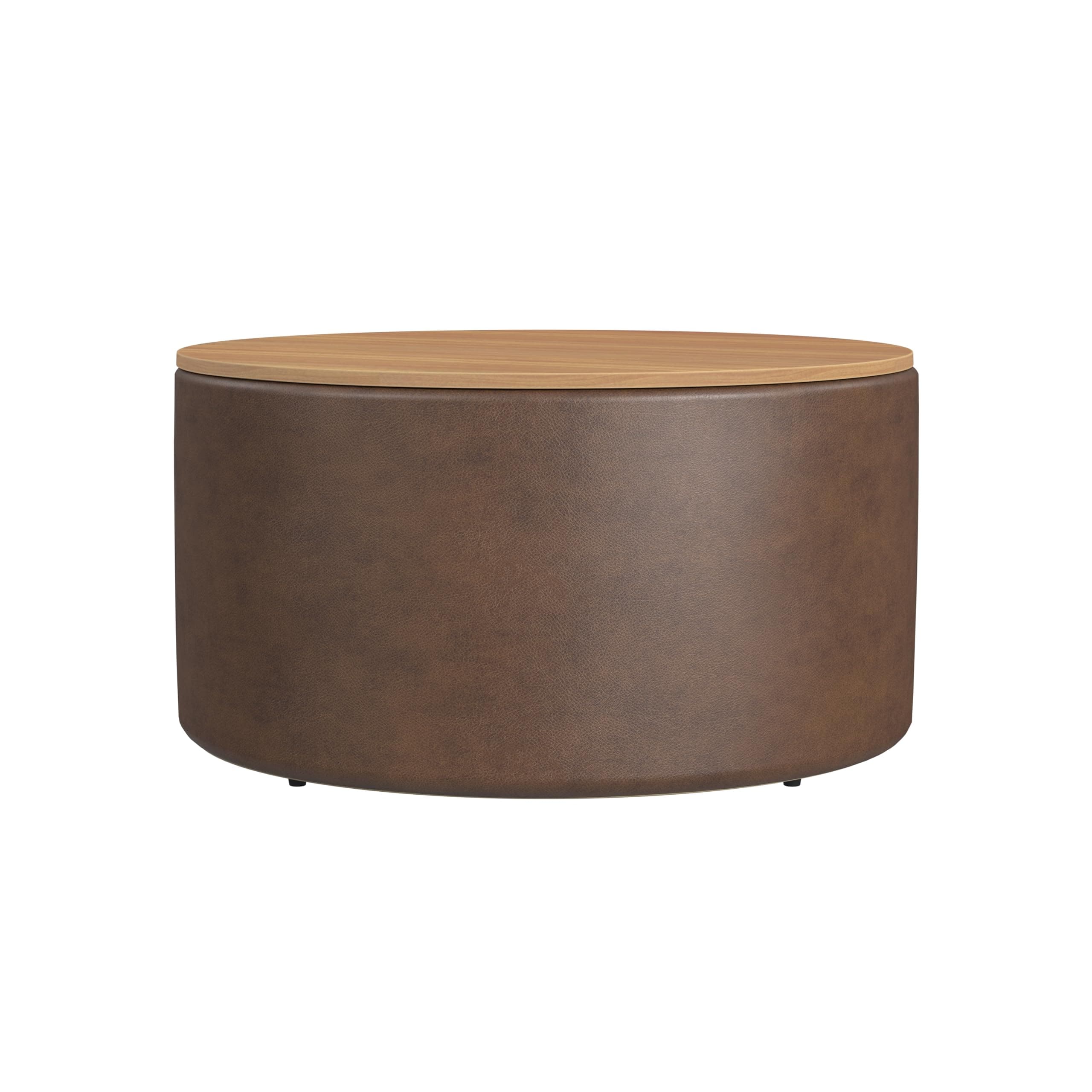 HomePop Modern Fabric Storage Ottoman with Wood Top - Faux Brown Leather