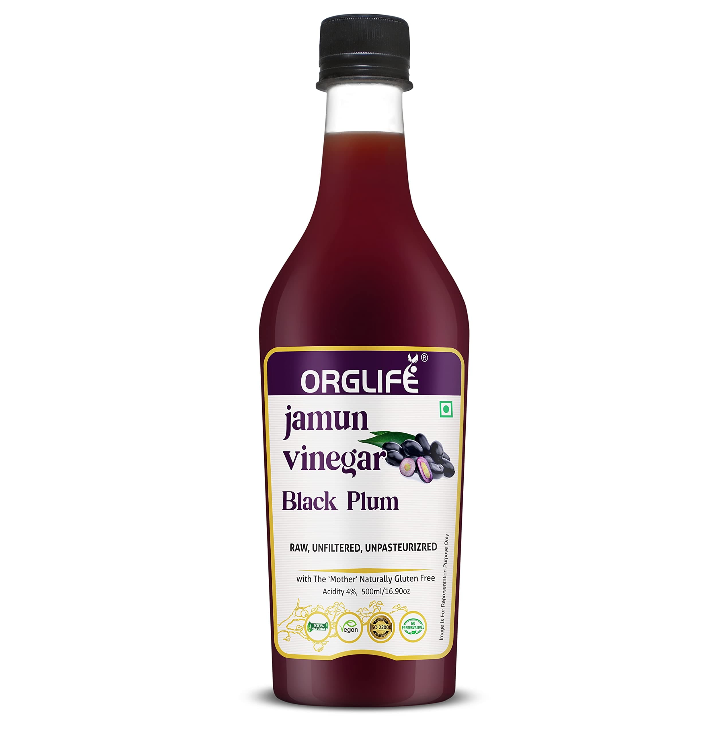 ORGLIFE Jamun Vinegar with Mother Organic 500 ml - Raw, Unfiltered (Made with Organic Jamun Fruits