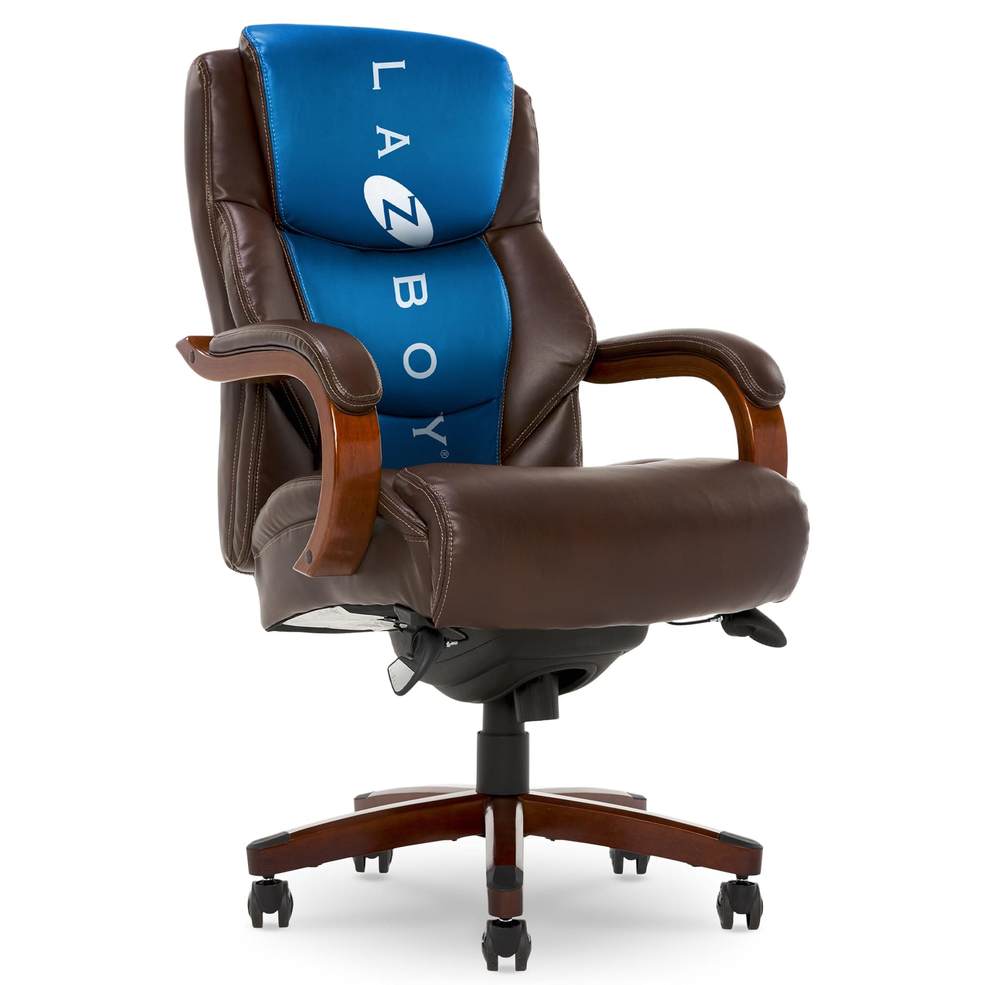 La-Z-Boy Delano Big and Tall Executive Office Chair - Ergonomic Lumbar Support Memory Foam - Bonded Leather Desk Chair for Home Office - Mahogany Wood Arms - Chestnut Brown
