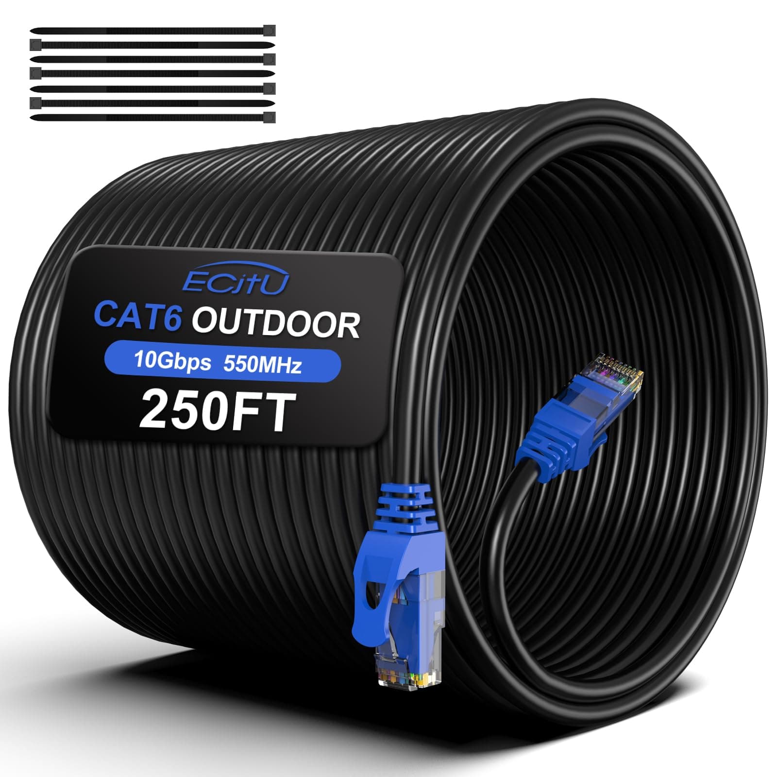 250FT Cat6 Outdoor Ethernet Cable, In-Ground, Heavy Duty Direct Burial, 24AWG CCA Patch Cord, POE, UTP, Waterproof, LLDPE UV Resistant, Network, Internet, LAN, Cat 6 Cable 250 Feet with 25 Cable Ties