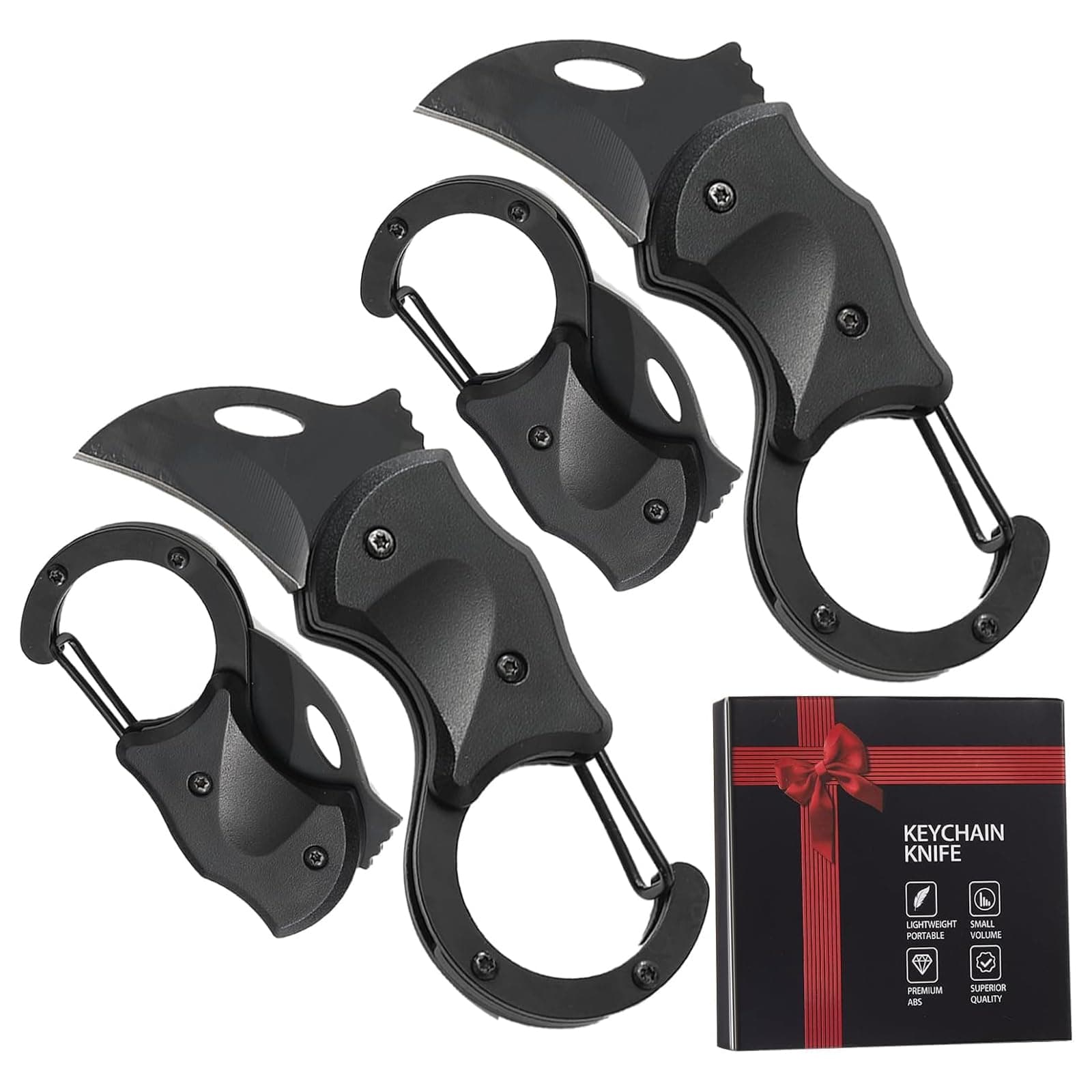 Small Pocket Knife, Gifts for Men Dad Brother, Self Defense Keychain for Men, 2 Pack Carabiner Small Pocket Knife with Stainless Steel Blade, Mini Folding Knife, Black