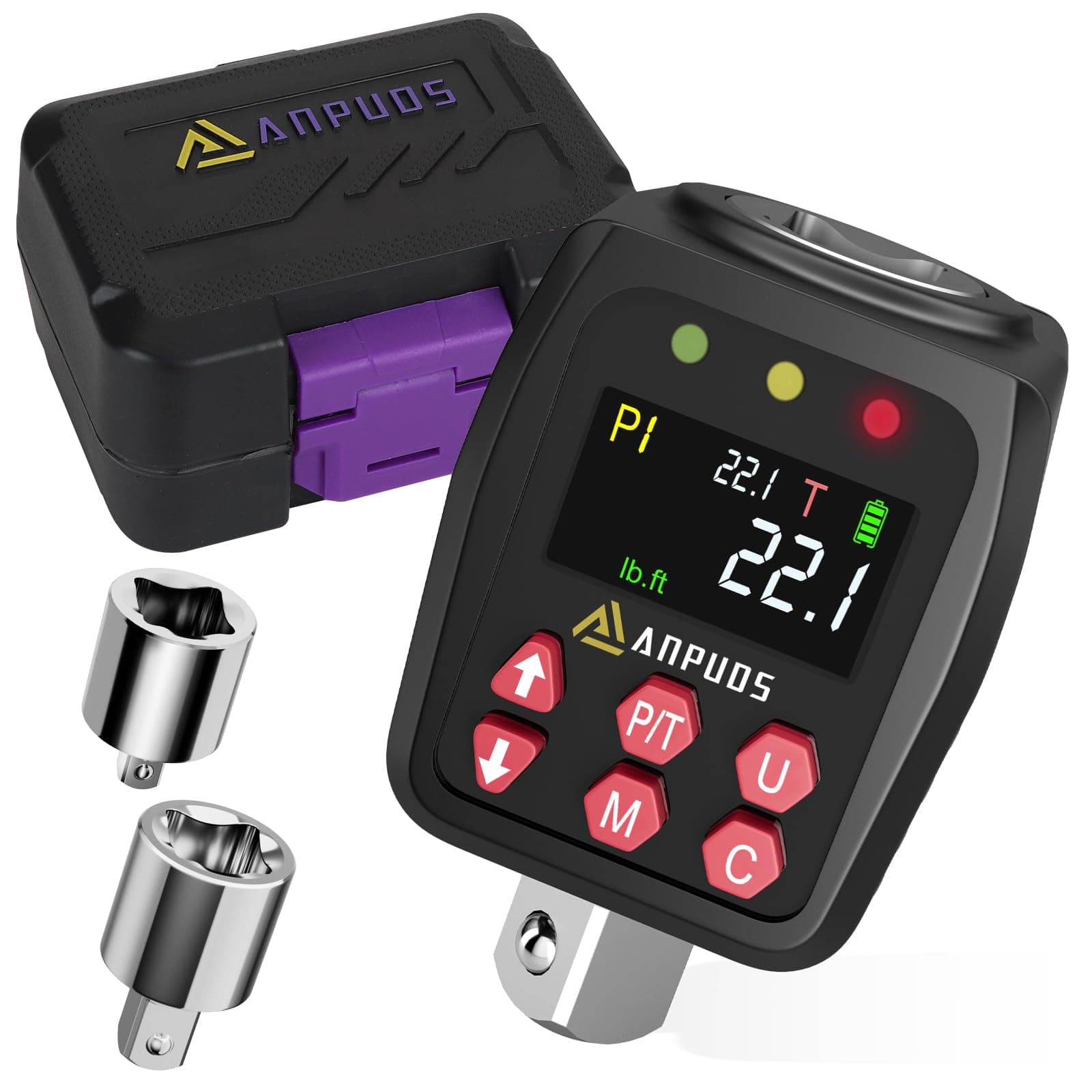 1/2" Digital Torque Adapter, 1.1-22.1 Ft-lb/1.5-30 Nm, Digital Torque Wrench Converter with ±1% Accuracy, Preset Value, Data Storage, Buzzer & LED Indicators, 3/8'' & 1/4'' Adapters for Bike