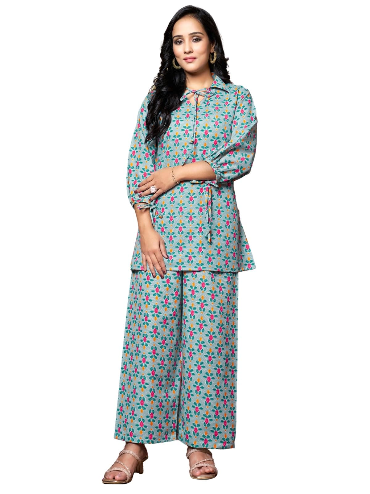 DHRUVI TRENDZ Women's Cotton Blend Floral Co-Ord Set Regular Fit Night Dress (DT-W1704&TR797_Light Green_Large)