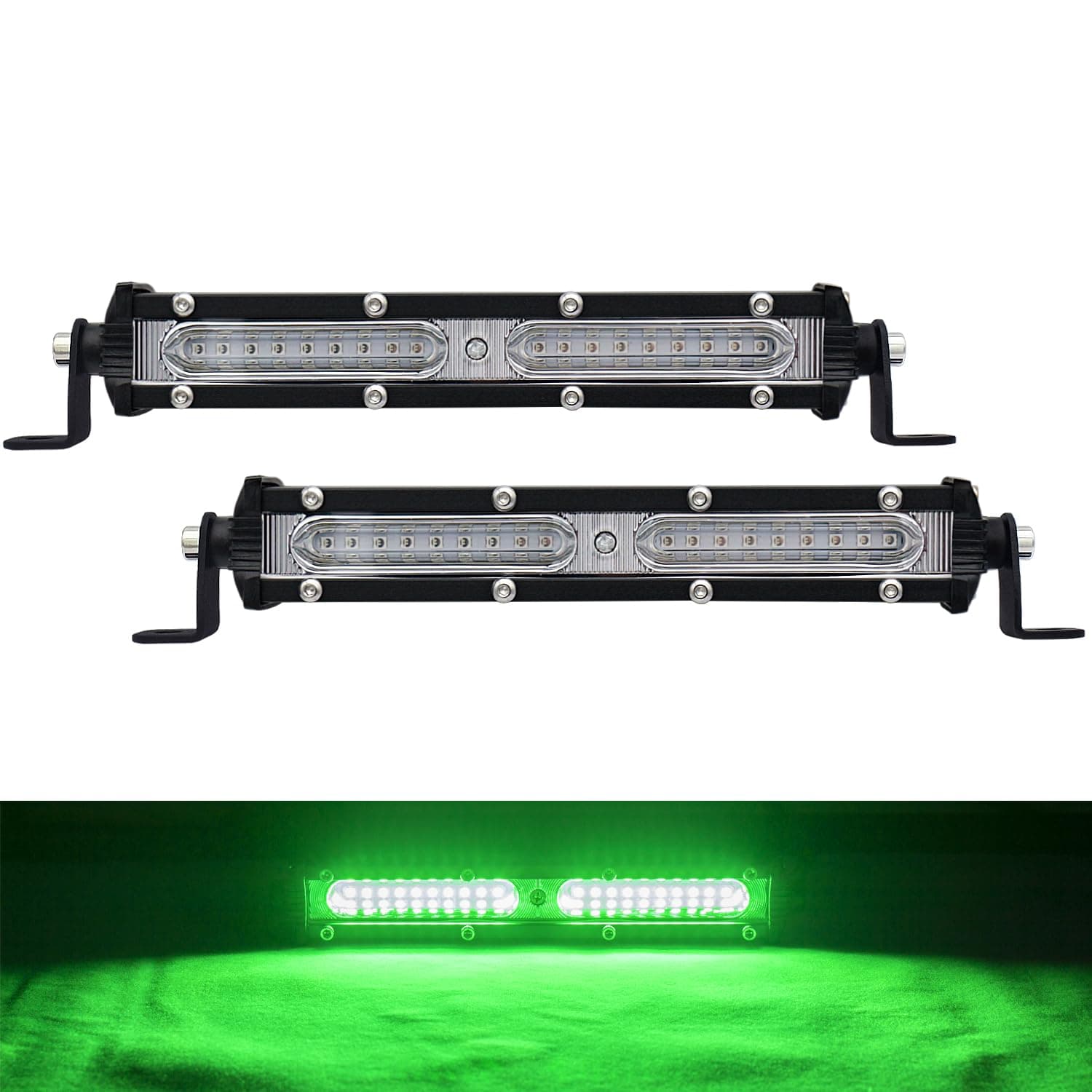 Ultra Slim Single Row Green LED Offroad Driving Fog Lights Bar - 2Pcs, 7Inch Waterproof Auxiliary Work Lights for Fish, Pig, Deer, Truck, Tractor, Boat, Cars