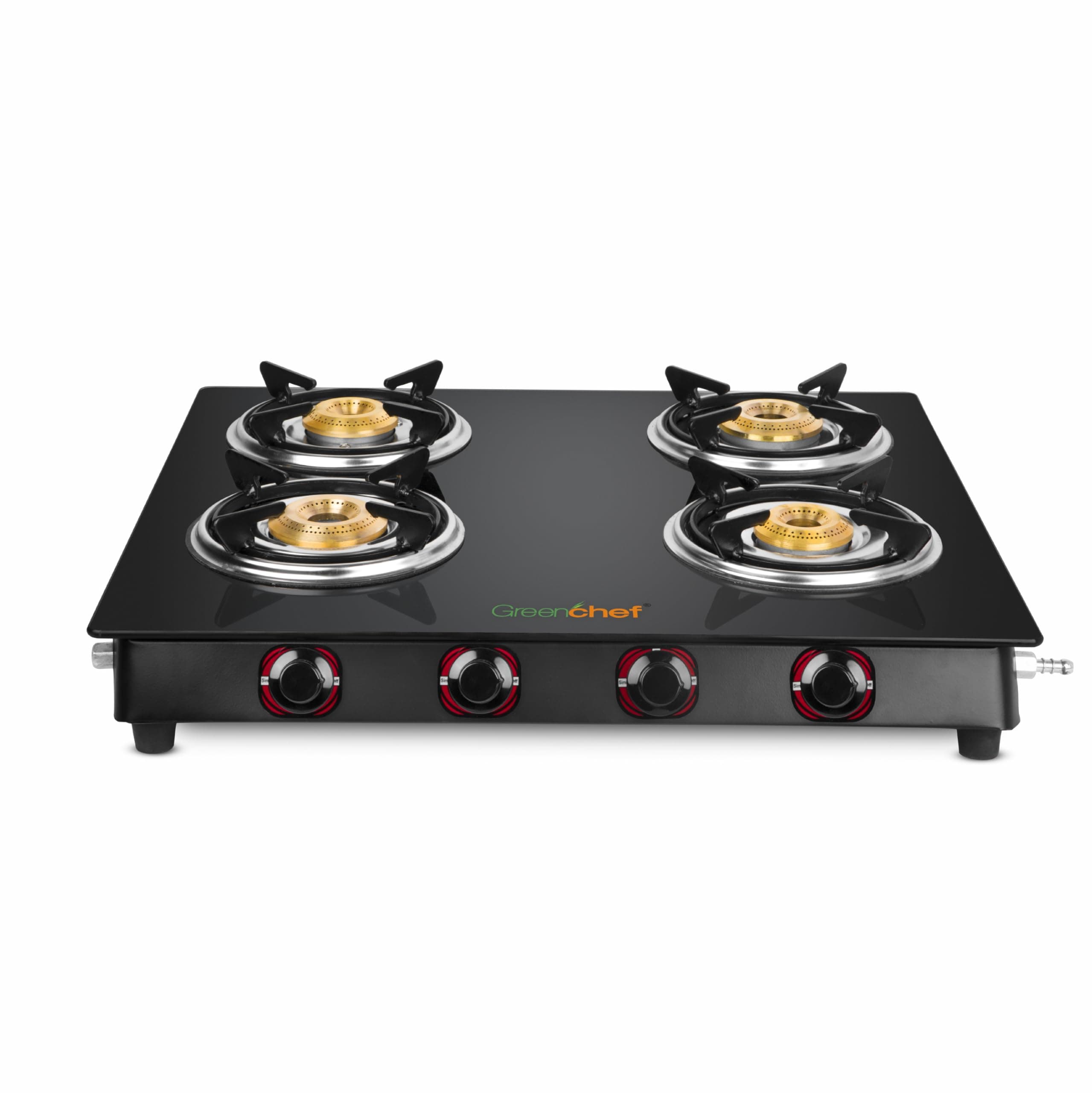 GREENCHEF Elon Glass cook top Four Burner Gas stove,Black Body (Manual Ignition), toughened glass top, Compact Design, pan support – ISI certified