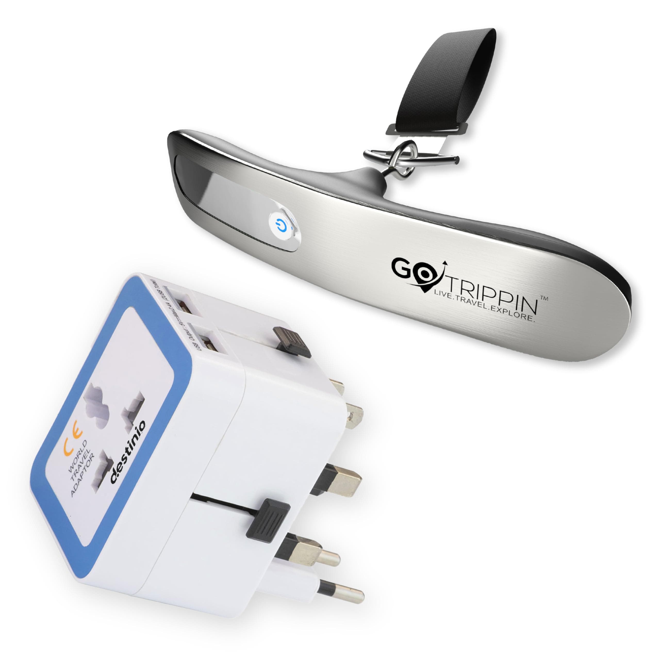 GoTrippin by Destinio Travel Combo Pack - 50 Kg Digital Luggage Scale (Steel Body) + Universal International Adapter with Dual USB 5V 2.4A (12W) for Worldwide (Weighing Scale Silver +12W Adapter)