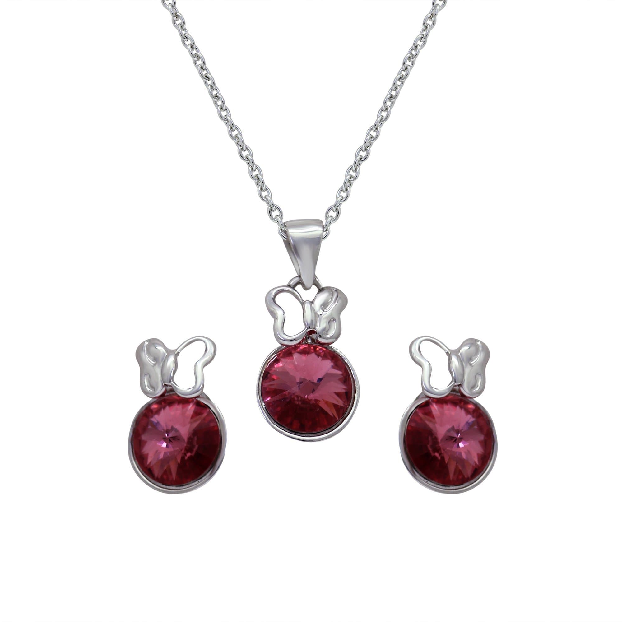 Oviya Rhodium Plated Exclusive Pink Solitaire Butterfly Pendant Set with Crystal Stones NL2103690R