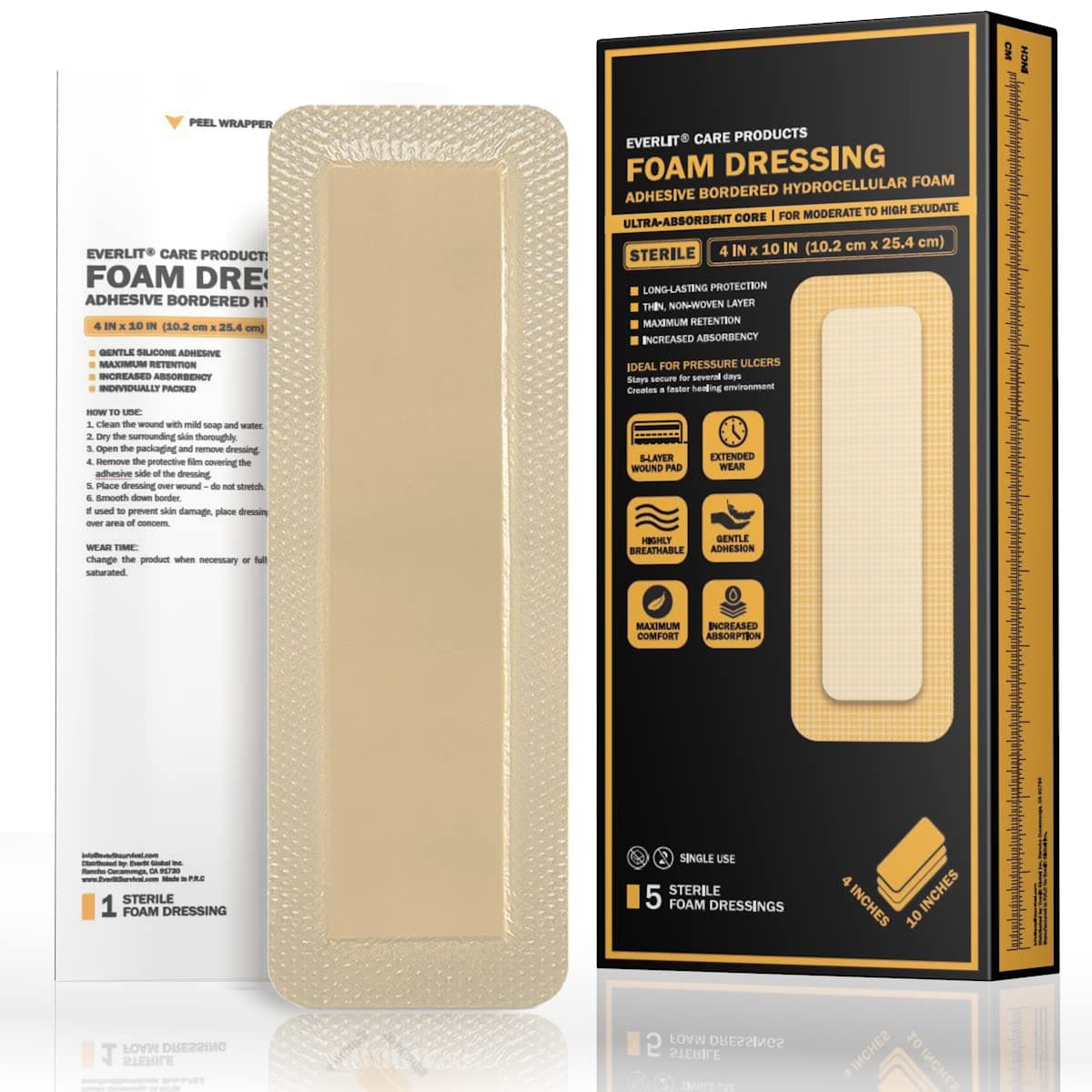 Care Silicone Foam Dressing with Adhesive Border | Highly Absorbent Hypoallergenic Bandages for Chronic Wounds, Bed Sores, Pressure Ulcers | Gentle & Secure Adhesion (4" x 10" | 5 Pack)