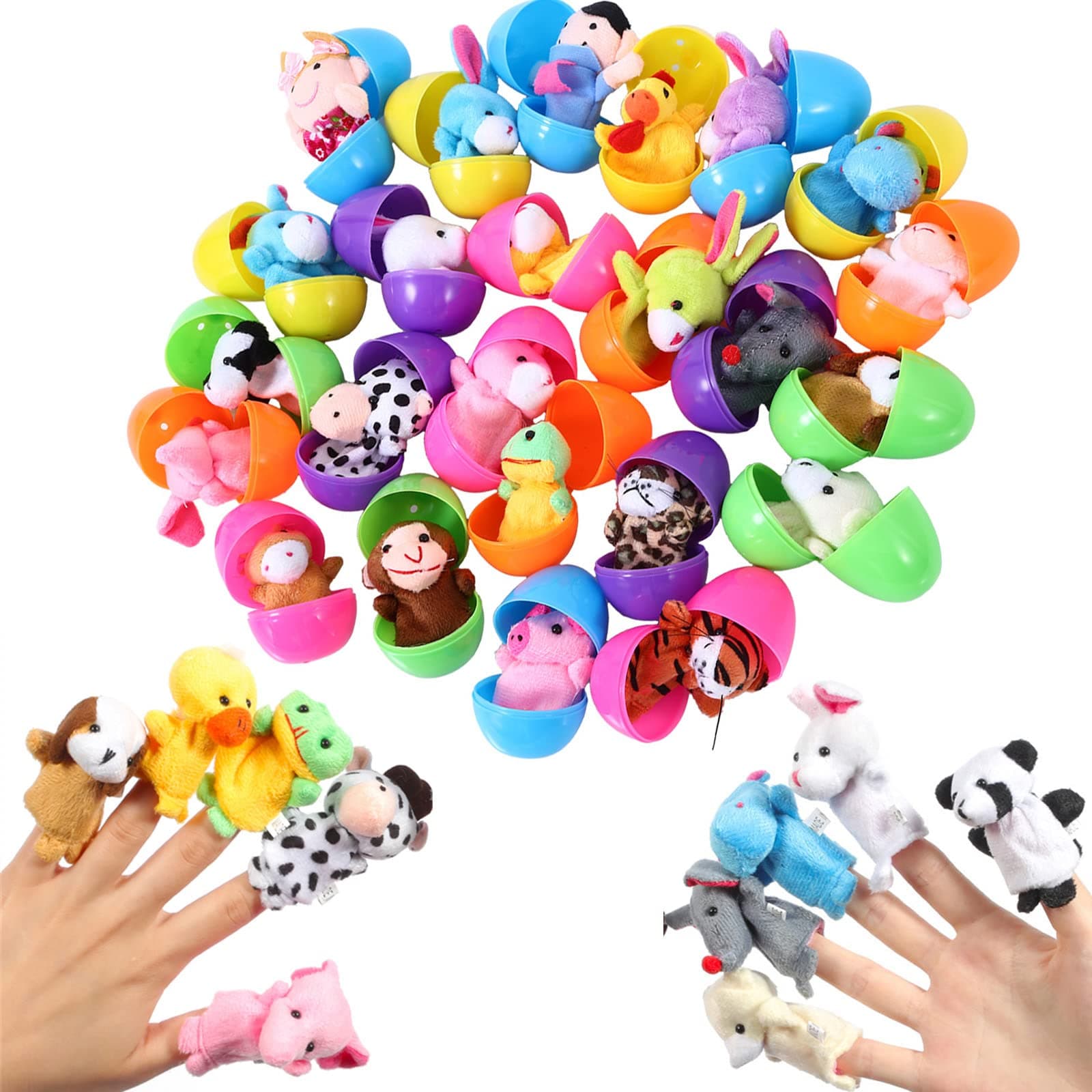 FunsLane24pcs Easter Eggs Filled with Finger Puppets for Toddlers, 2.36 Inches Bright Colorful Plastic Easter Eggs for Kids Pinata Toys, Party Game Prizes, Goodie Bag Fillers
