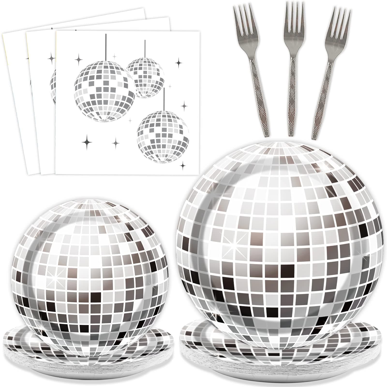 SYOSI 70s Disco Party Tableware Set, 80 Pcs - Disco Ball Party Paper Plates, Cocktail Napkins & Forks for 80s 90s Dance Wedding Picnic (Silver)
