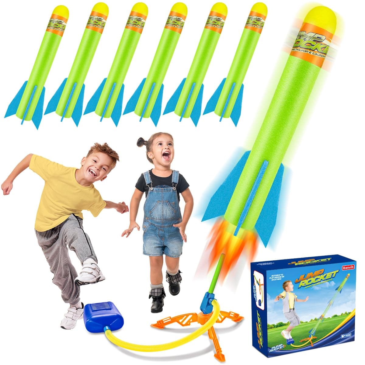 Banvih Toys Rocket Launcher for Kids, Easter Basket Stuffers for Ages 3 4 5 6 7 8+ Years Old, Outdoor Toys Games, Toddler Boys Birthday Gifts, 6 Foam Air Rockets, Launch up to 120+ft