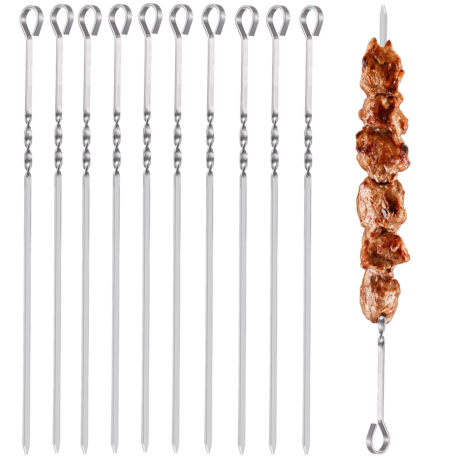 Kebab Skewers, 10PCS Stainless Steel BBQ Grilling Skewers Flat Reusable Metal Skewer Sticks 14.7inch for Barbecue, Camping Cooking, Shish Kabob, Party Essentials