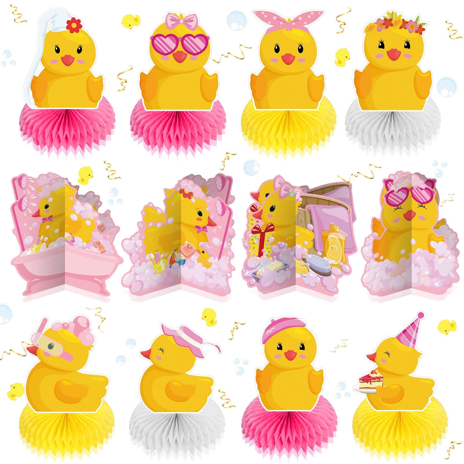 Teling 12 Pcs Duck Birthday Decorations Pink Rubber Duck Themed Honeycomb One Lucky Party Centerpieces Decorations for Table Girl Birthday Party Baby Shower Photo Booth Props Supplies