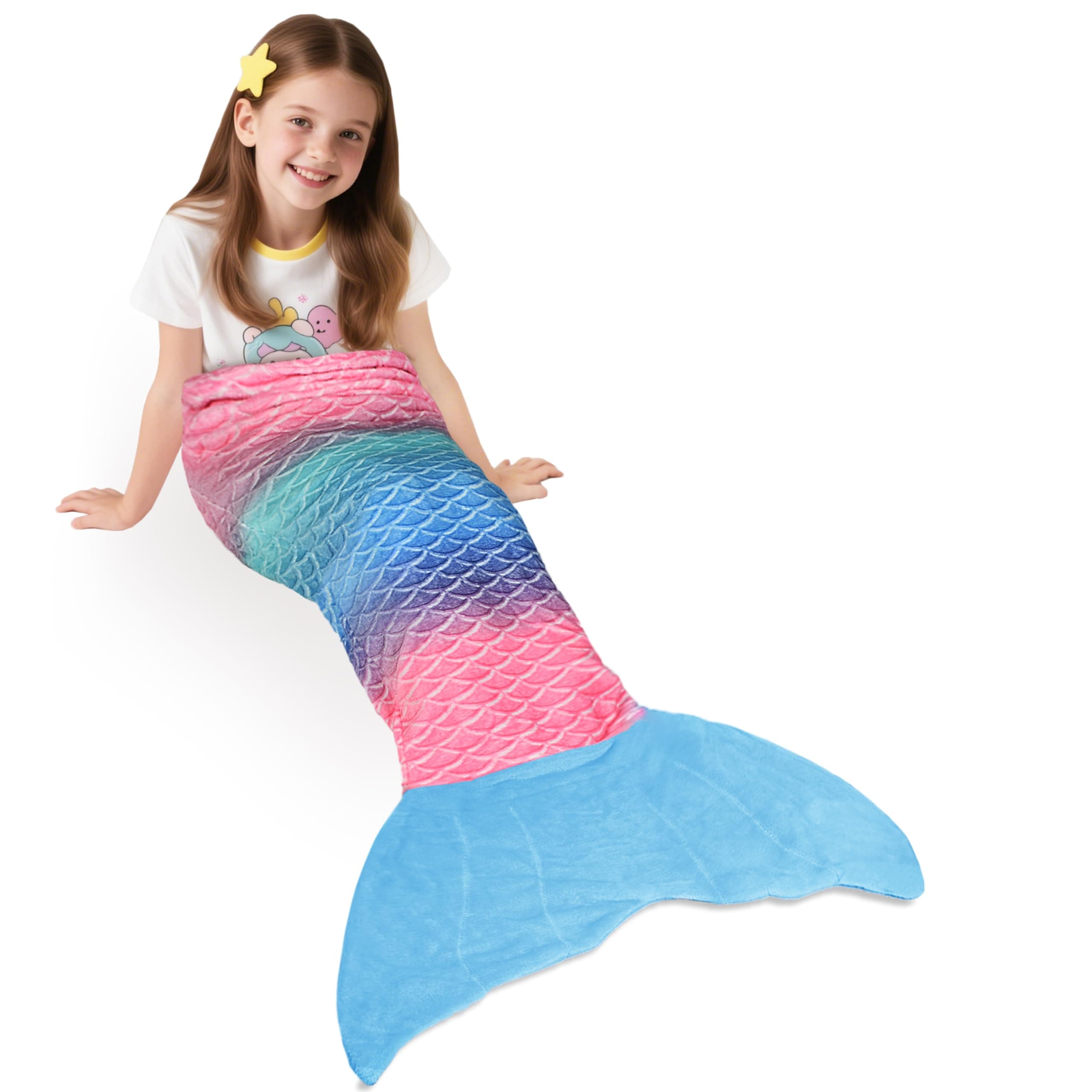 Mermaid Tail Blanket, Soft Warm Plush Fleece Sleeping Bag Snuggle Blanket for Teens 155 x 48 cm (61" x 19") Rainbow Ombre, Fish Scale Pattern