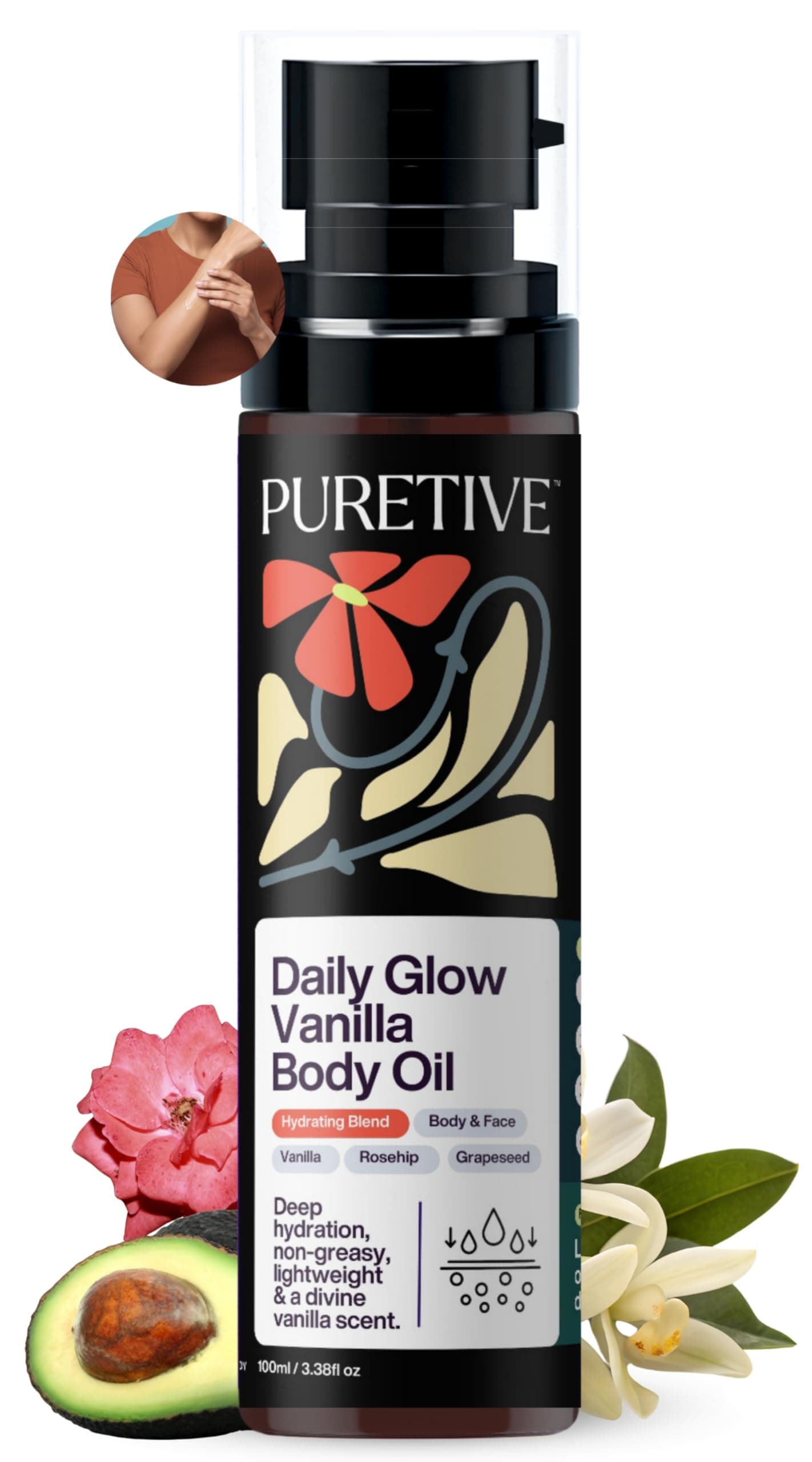 Daily Glow Body Oil | Fast-Absorbing Non-Sticky Moisturizing Body Oil for Winter Dry Skin | Rosehip, Avocado, Grapeseed | Deep Hydration for Radiant, Soft & Smooth Skin | Warm Coffee Vanilla Aroma (100ml)