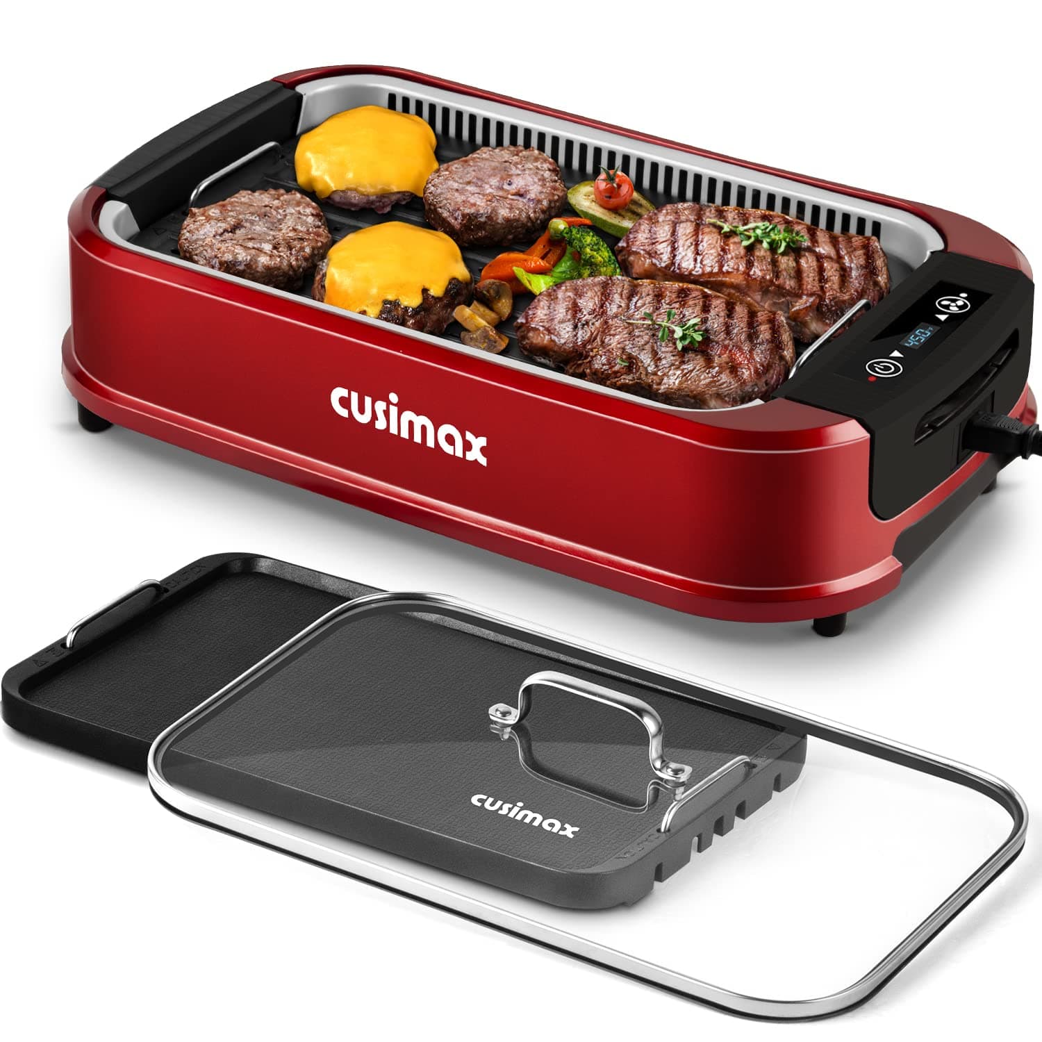 Indoor Grill, CUSIMAX Smokeless Grill Indoor, Electric Griddle, 1500W Korean BBQ Grill with LED Smart Display & Tempered Glass Lid, Non-stick Removable Plate & Griddle Plate, Red