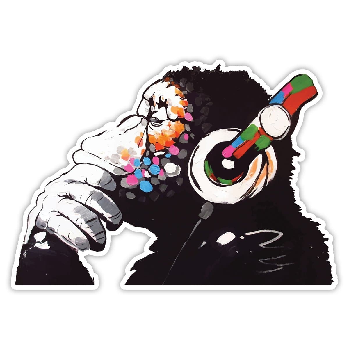 Banksy Thinker Monkey Headphones Design | Wall Art Graffiti Vinyl Sticker | Urban Art Window, Car, Laptop Decal (Extra Large - 40x28cm)