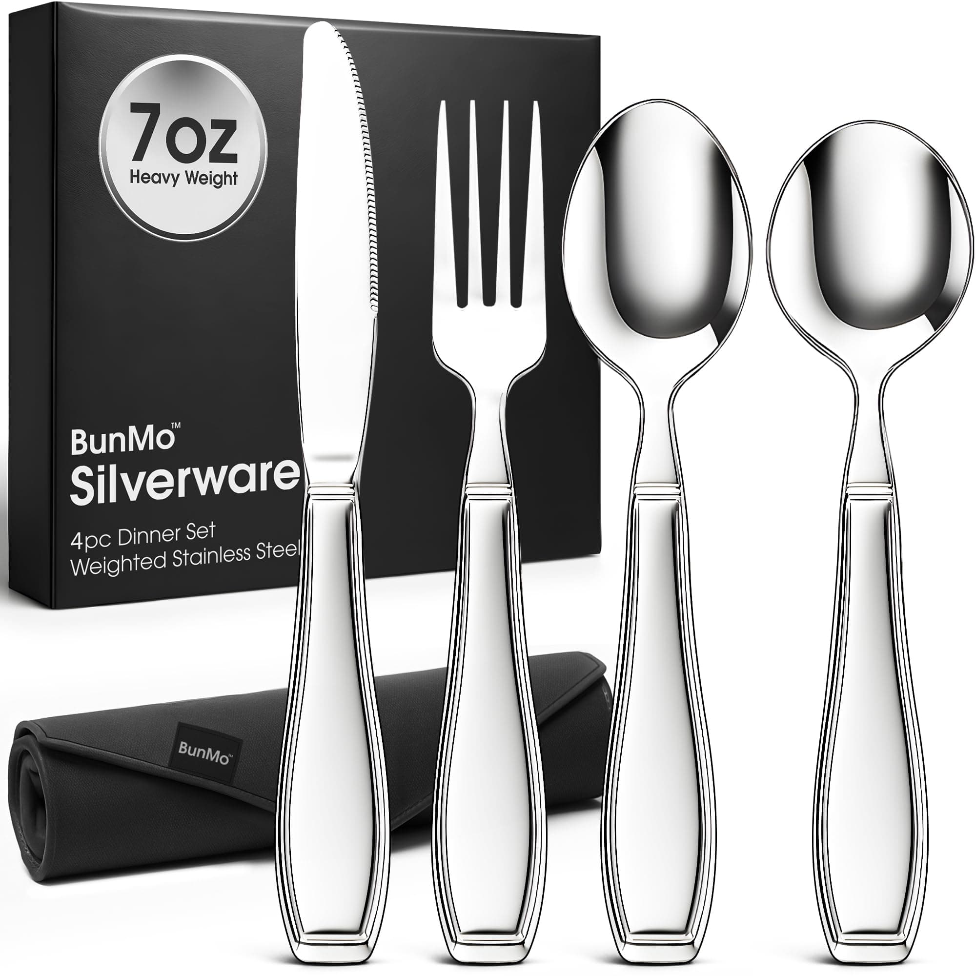 BunMo Weighted Utensils for Tremors and Parkinsons Patients - Heavy Weight Silverware Set of Knife, Fork and Spoon - Adaptive Eating Flatware (4 Pieces)