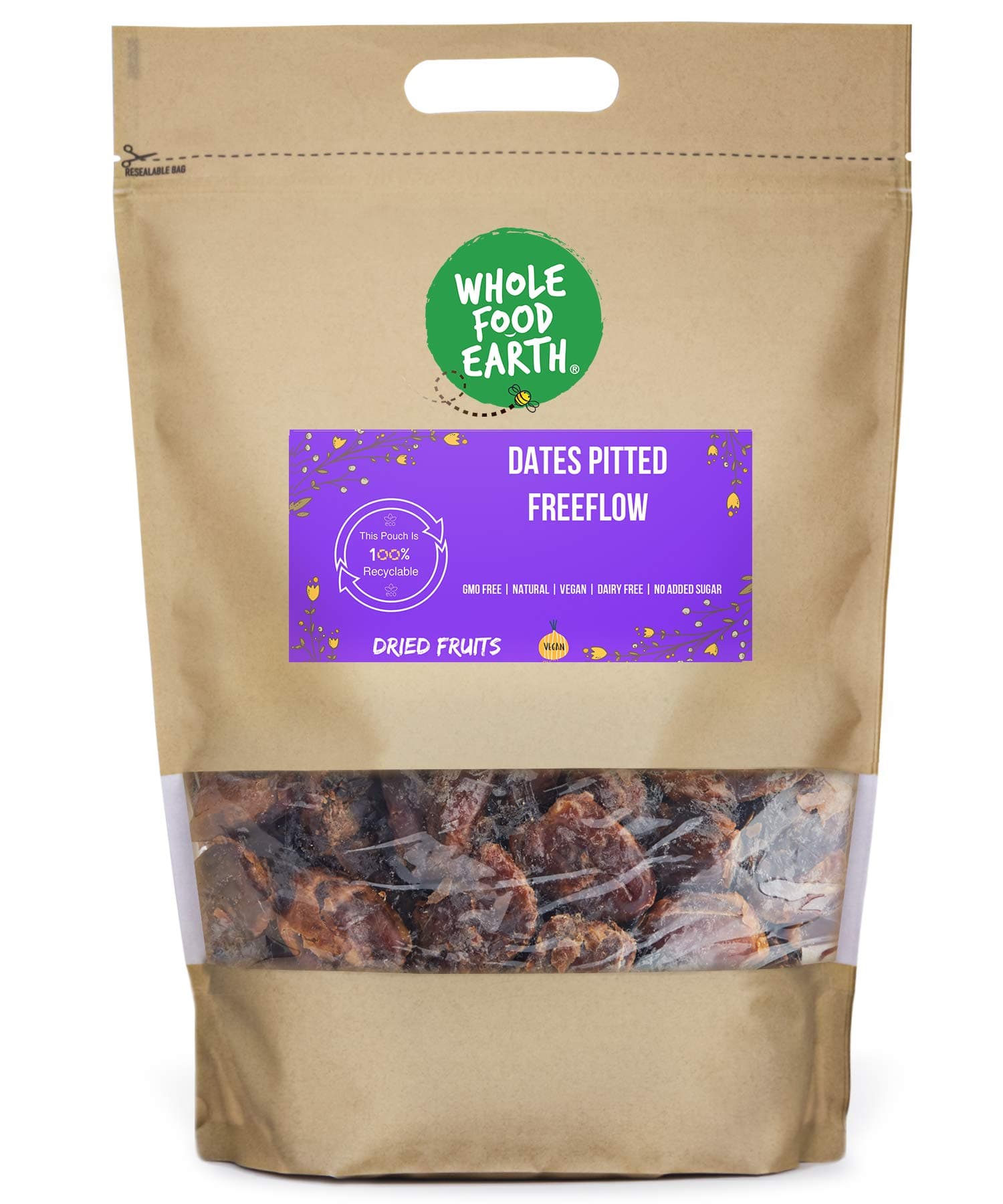 Wholefood Earth Dates Pitted Freeflow 2 kg | GMO Free | Natural | Source of Fibre - Packaging may Vary