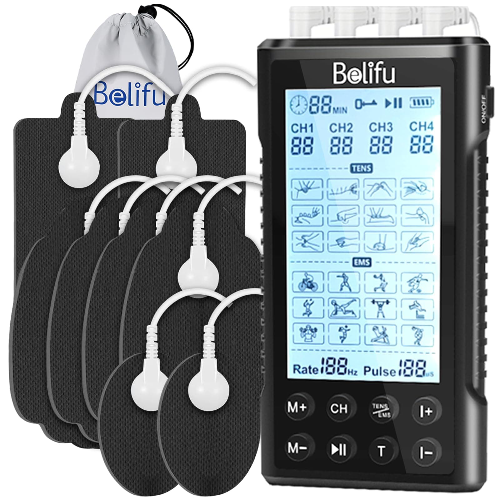 Belifu 4 Channel Tens Unit Electro Muscle Stimulator, Fully Isolated with Independent 24 Modes, Rechargeable Pulse Massager with Electrodes Pads for Neck Back Arms Chronic Pain Relief Body Building
