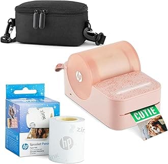 HP Sprocket Panorama Instant Portable Color Label & Photo Printer (Pink) Starter Bundle with case Zink roll