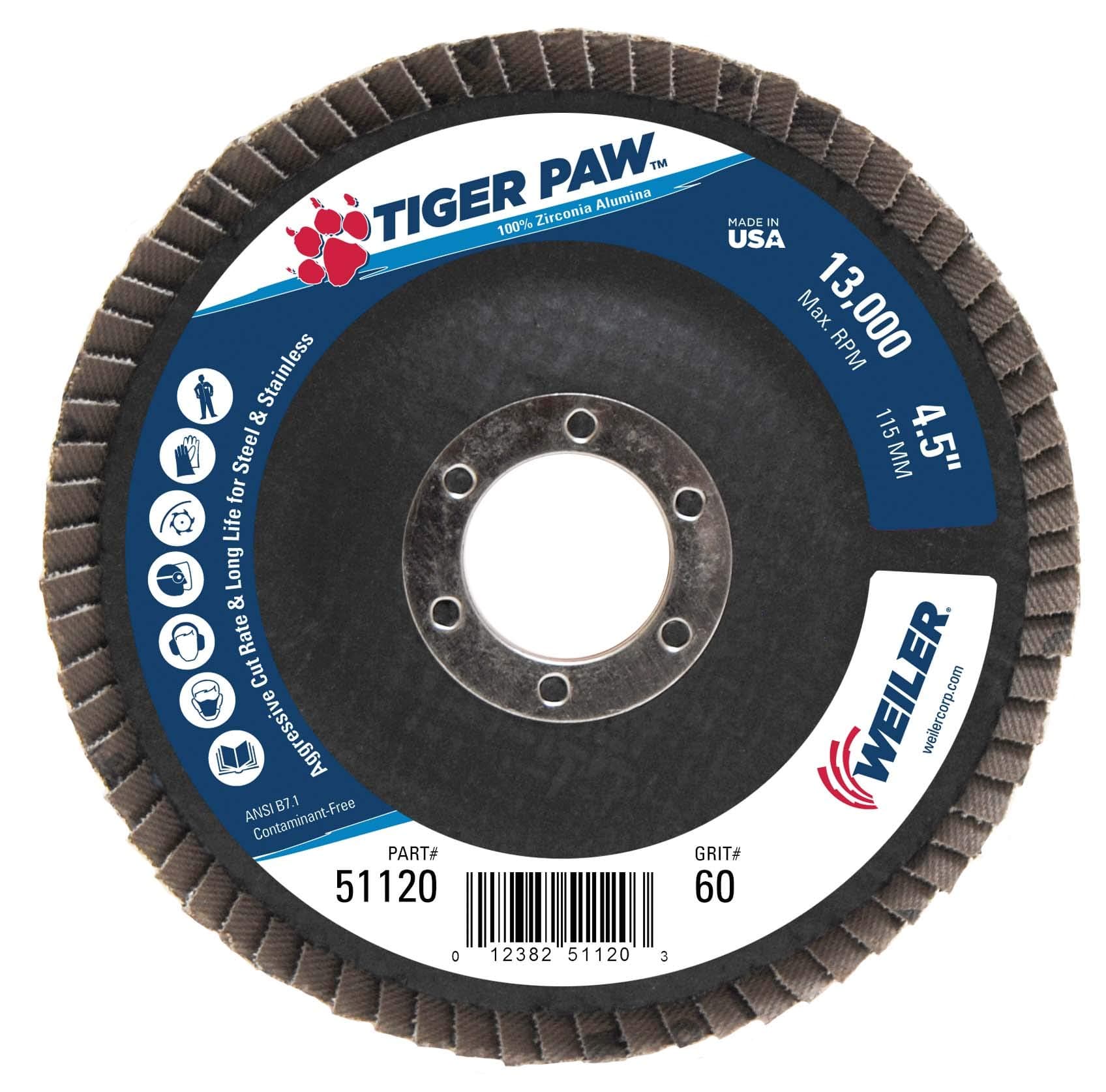 Weiler 51120 4-1/2" Tiger Paw Abrasive Flap Disc, Angled (Ty29), Phenolic Backing, 60Z, 7/8" Arbor Hole (Pack of 10)