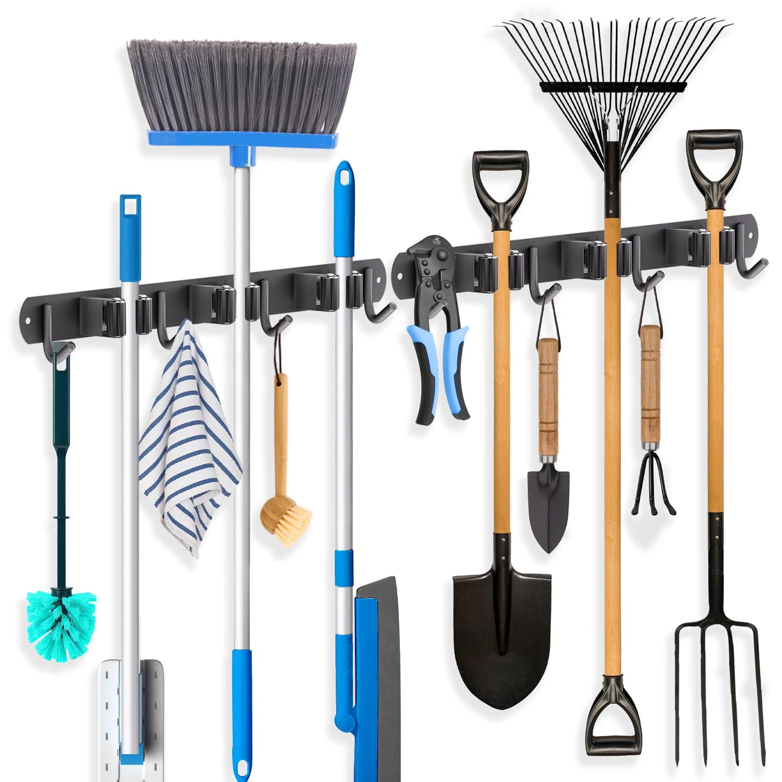 ZONGOOL 2 Pack Mop Broom Holder Wall Mount, Broom Organizer Storage Tool Racks Stainless Steel Self Adhesive Heavy Duty Hooks for Home Kitchen Garden (3 Racks with 4 Hooks, Black)