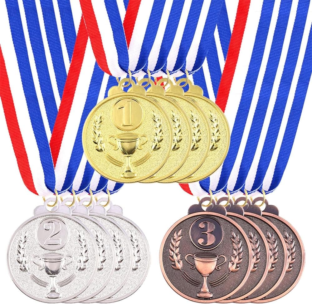 12 Pcs Gold Silver Bronze Award Medals, Winner Medals, Gold Silver Bronze Prizes for Competitions, Party, Team Participation Trophies with Red, White, and Blue Striped Ribbon (Olympic Style, 2 Inch)