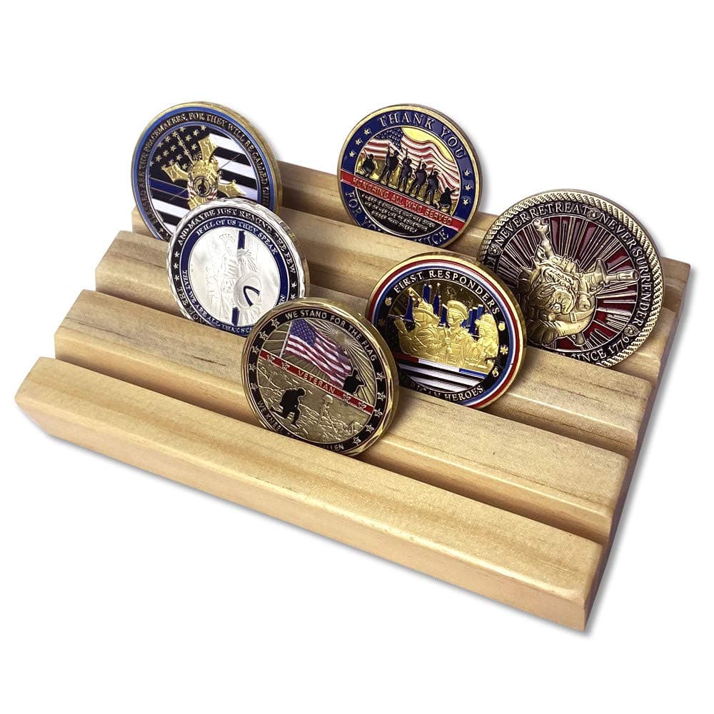 4 Rows Wood Military Challenge Coin Display Stand Holder Collectible Holds 12-16 Coins（Oak Finish）