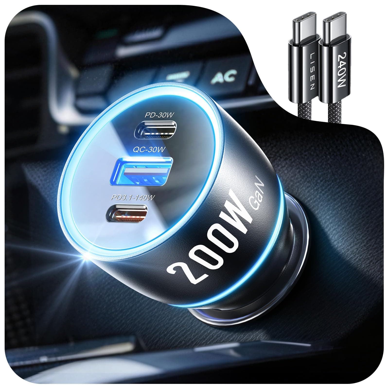 LISEN 200W Car Charger USB C Fast Charge [Gan] PD 140W Fast Car Charger USB C, 3 Port Type C Fast Charging for Multi Device, for iPhone 17 16 15 14 13 12, MacBook Neo, Laptop, iPad, Samsung S26 S25