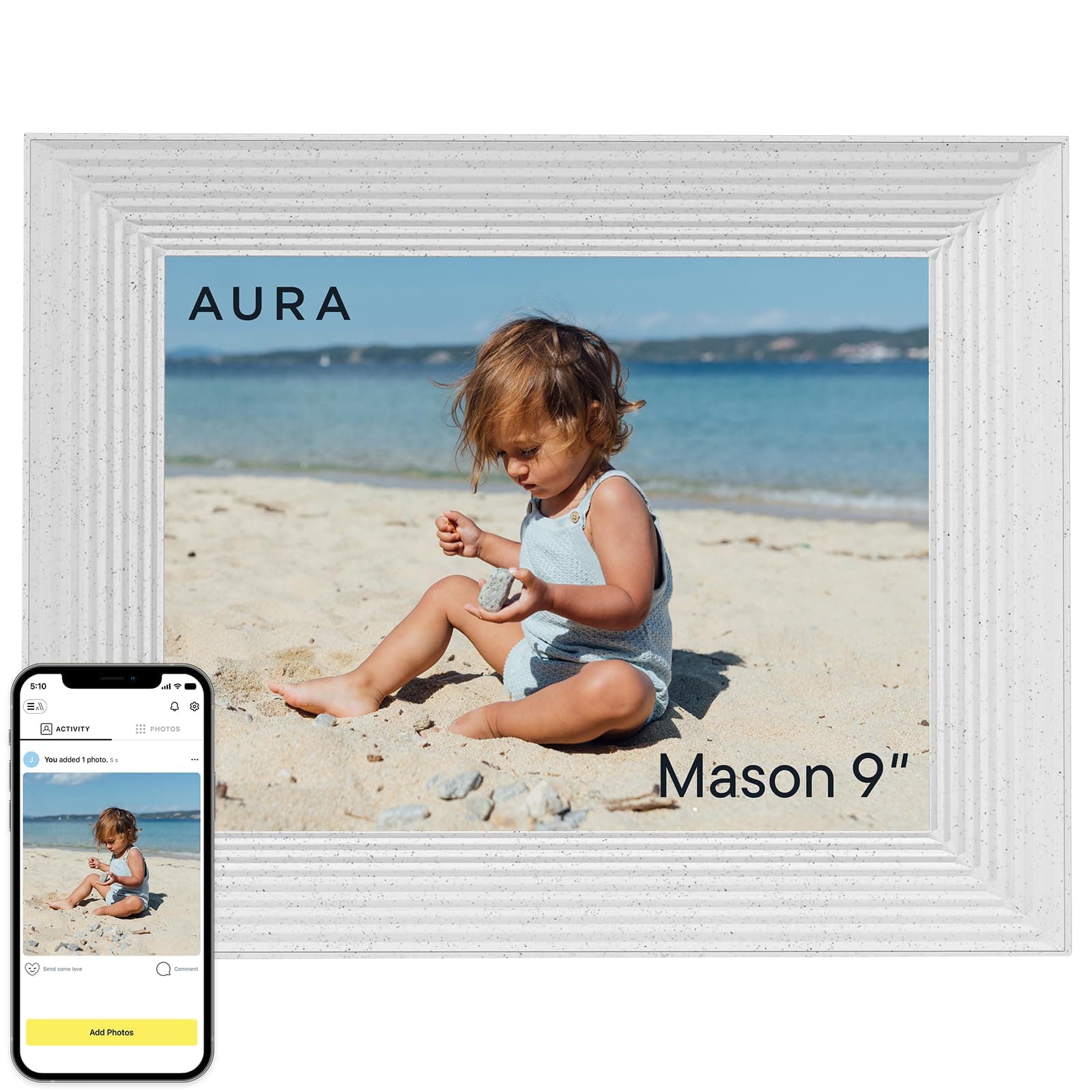 Aura Mason WiFi Digital Picture Frame | The Best Digital Frame for Gifting | Send Photos From Your Phone | Quick, Easy Setup in Aura App | Free Unlimited Storage | White Quartz