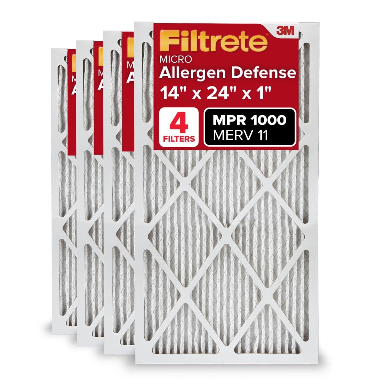 14x24x1 AC Furnace Air Filter, MERV 11, MPR 1000, Micro Allergen Defense, 3-Month Pleated 1-Inch Electrostatic Air Cleaning Filter, 4 Pack (Actual Size 13.81 x 23.81 x 0.81 in)