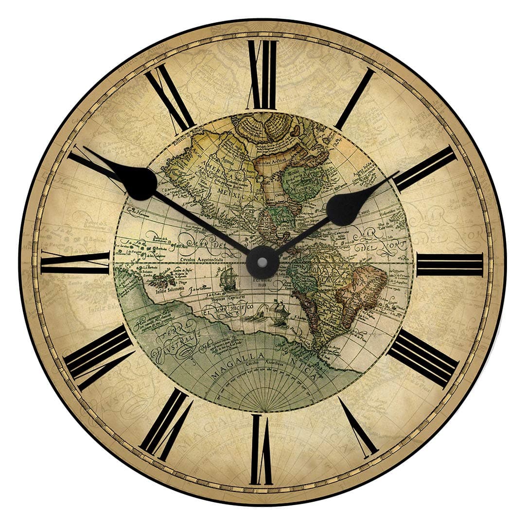 1596 World Map Wall Clock | Ultra Quiet Quartz Mechanism | Hand Made in USA Beautiful Crisp Lasting Color | Comes in 8 Sizes | 24 Inch