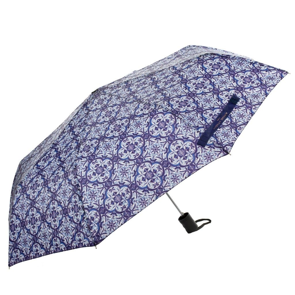 Adrienne Vittadini Auto Open Umbrella - Blue Tile Print