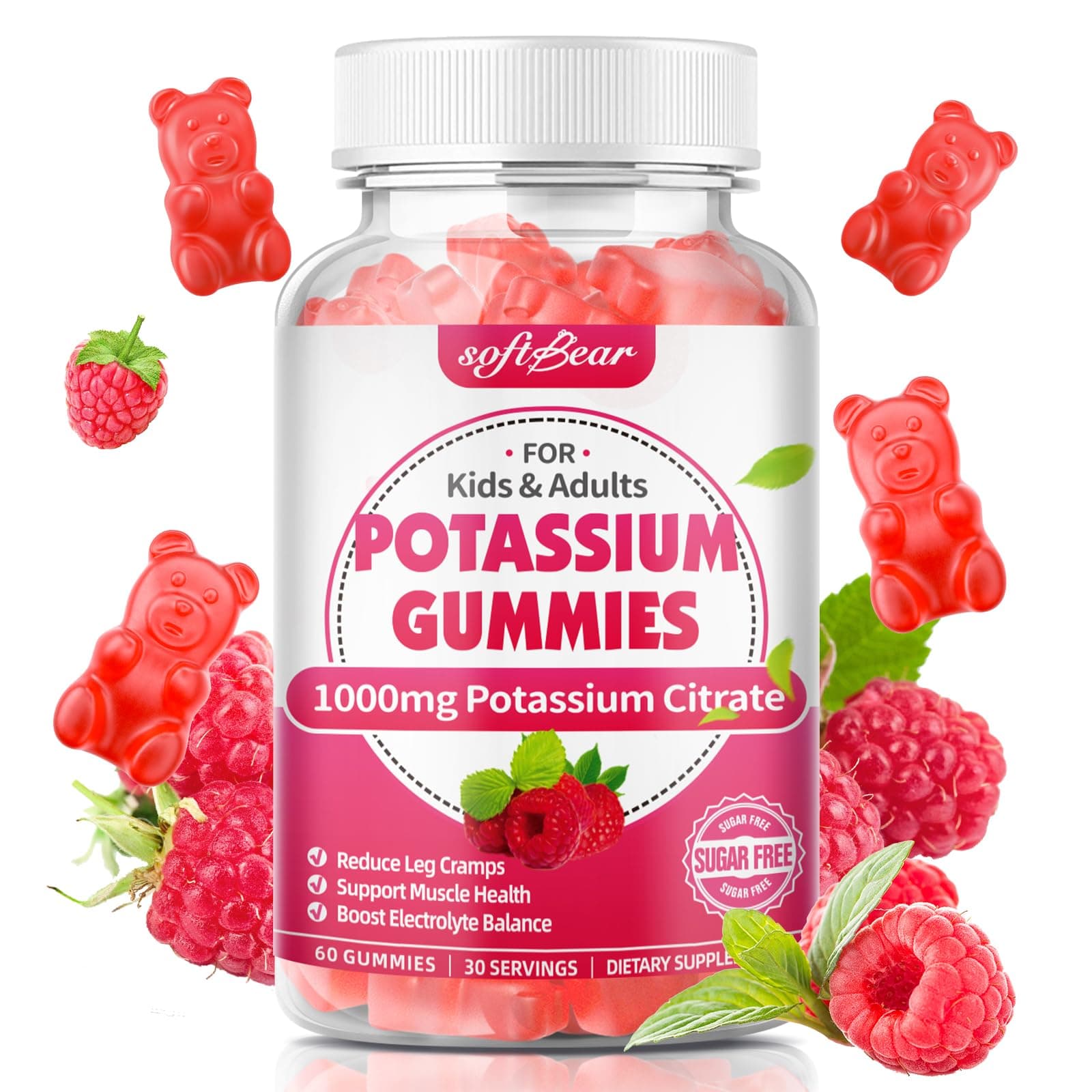 softbear Potassium Citrate 1000mg Gummies – Suagr Free Potassium Gummies for Muscle Support & Electrolyte Balance – Potassium Supplement for Women & Adults, Vegan, Raspberry Flavor (60 Count)