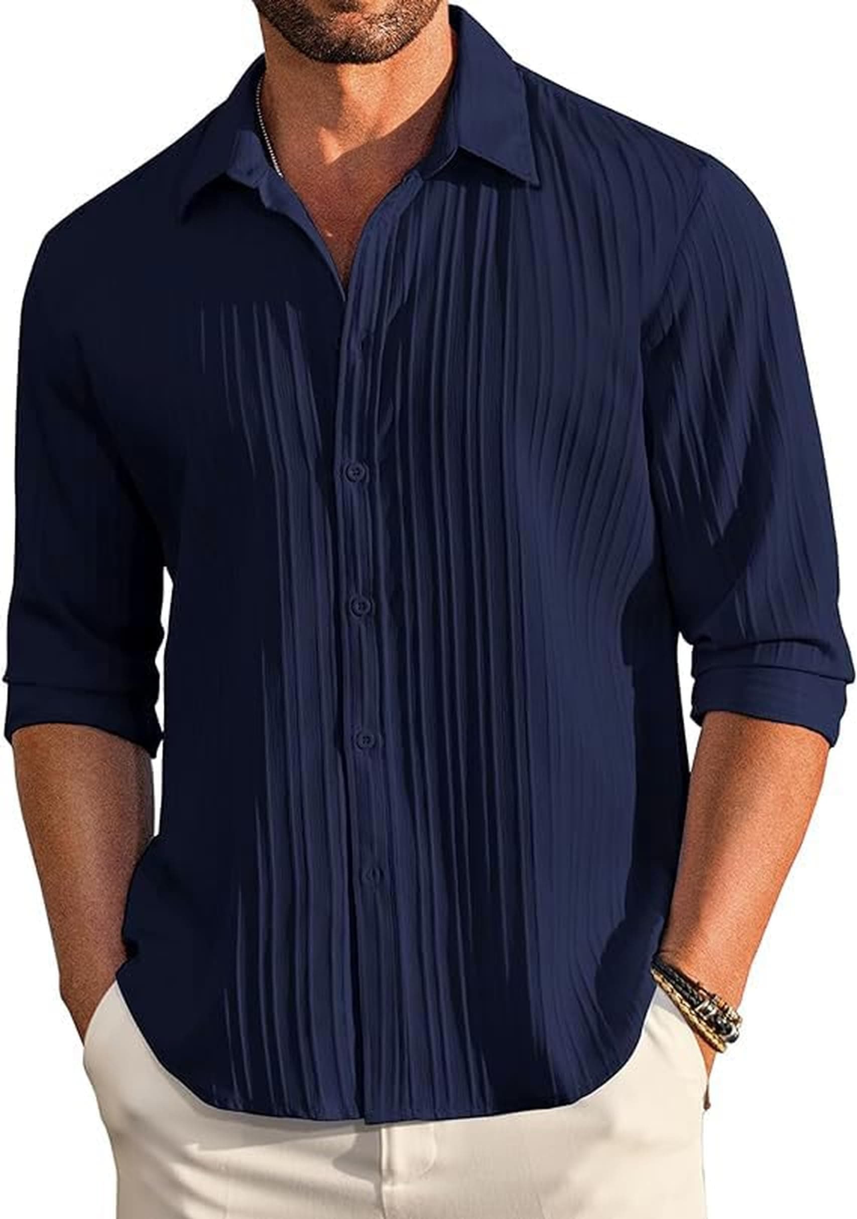 Men's Casual Button Down Shirts Long Sleeve Linen Shirt Fashion Textured Beach Summer Shirts| Men Stylish Shirt | Men Fancy (Available in Plus Size)