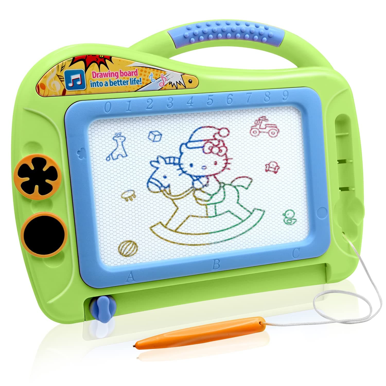 Magnetic Drawing Board for Kids, Travel Size Erasable Doodle Sketching Writing Board Colorful Doodle with 2 Stamps for Toddlers-Green