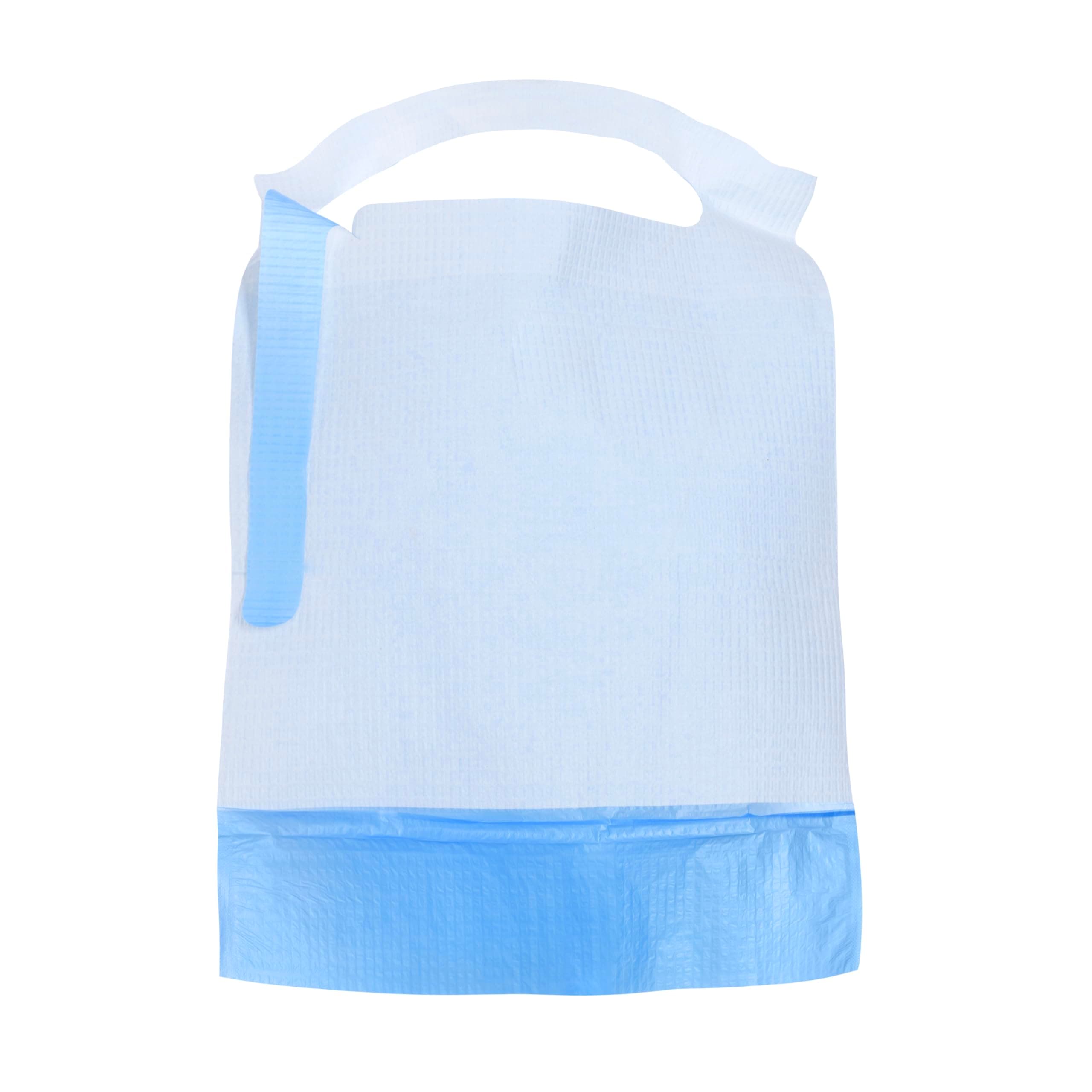 ALIA 125 x Disposable Adult Bib with Pockets & Tie back | Waterproof & Absorbent | Single Use Bib | White & Blue | 37 x 50 cm | Waterproof | Pack of 125