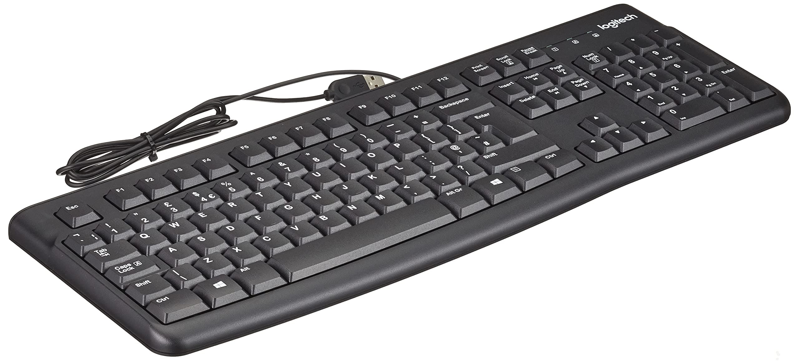 K120 Wired Business Keyboard for Windows or Linux, USB Plug-and-Play, Full-Size, Spill Resistant, Curved Space Bar, PC/Laptop, QWERTY UK Layout - Black