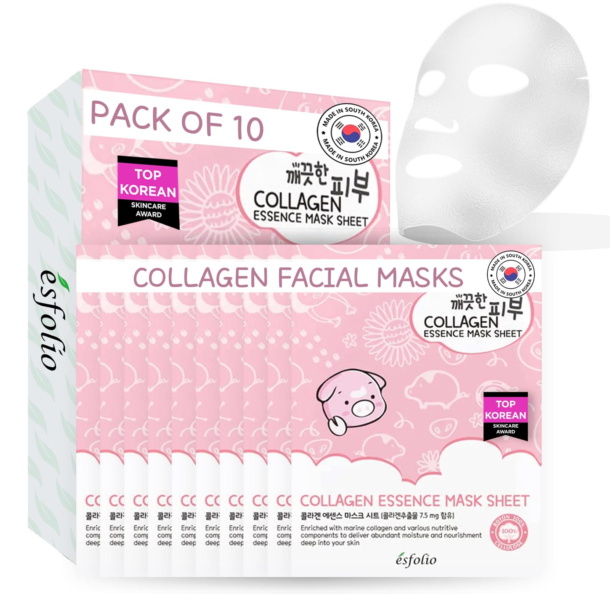 esfolio Collagen Essence Sheet Mask – Hydrating & Firming Face Mask for Glowing Skin – Anti-Aging Korean Skincare with Hydrolyzed Collagen & Hyaluronic Acid – Moisturizing Facial Mask (Pack of 10)