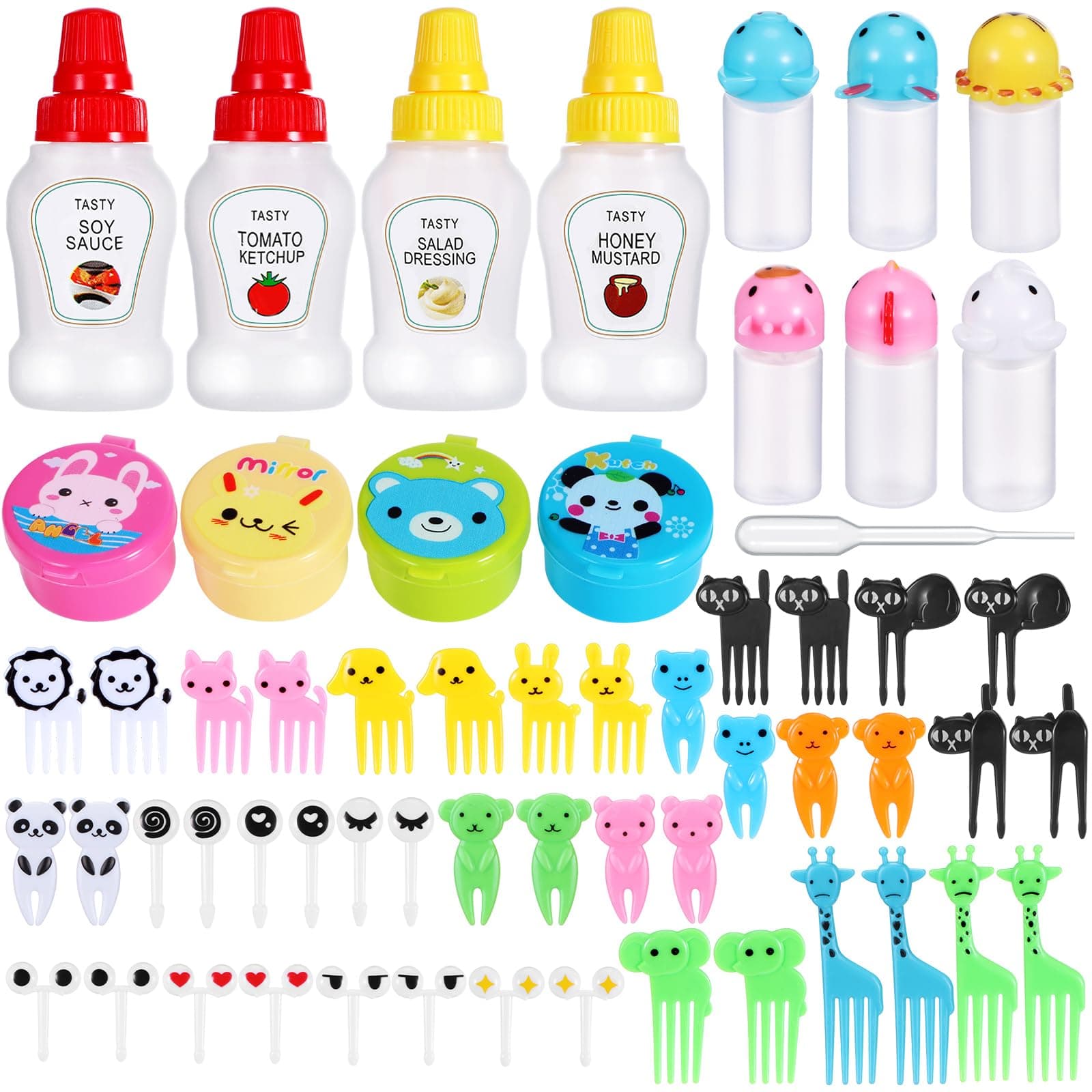 50 Pcs Kids Bento Box Accessories Including Food Picks Mini Condiment Bottles Ketchup Squeeze Bottles, Mini Soy Sauce Container with Funnel for Kids School Bento Camping Office Accessories (Animal)