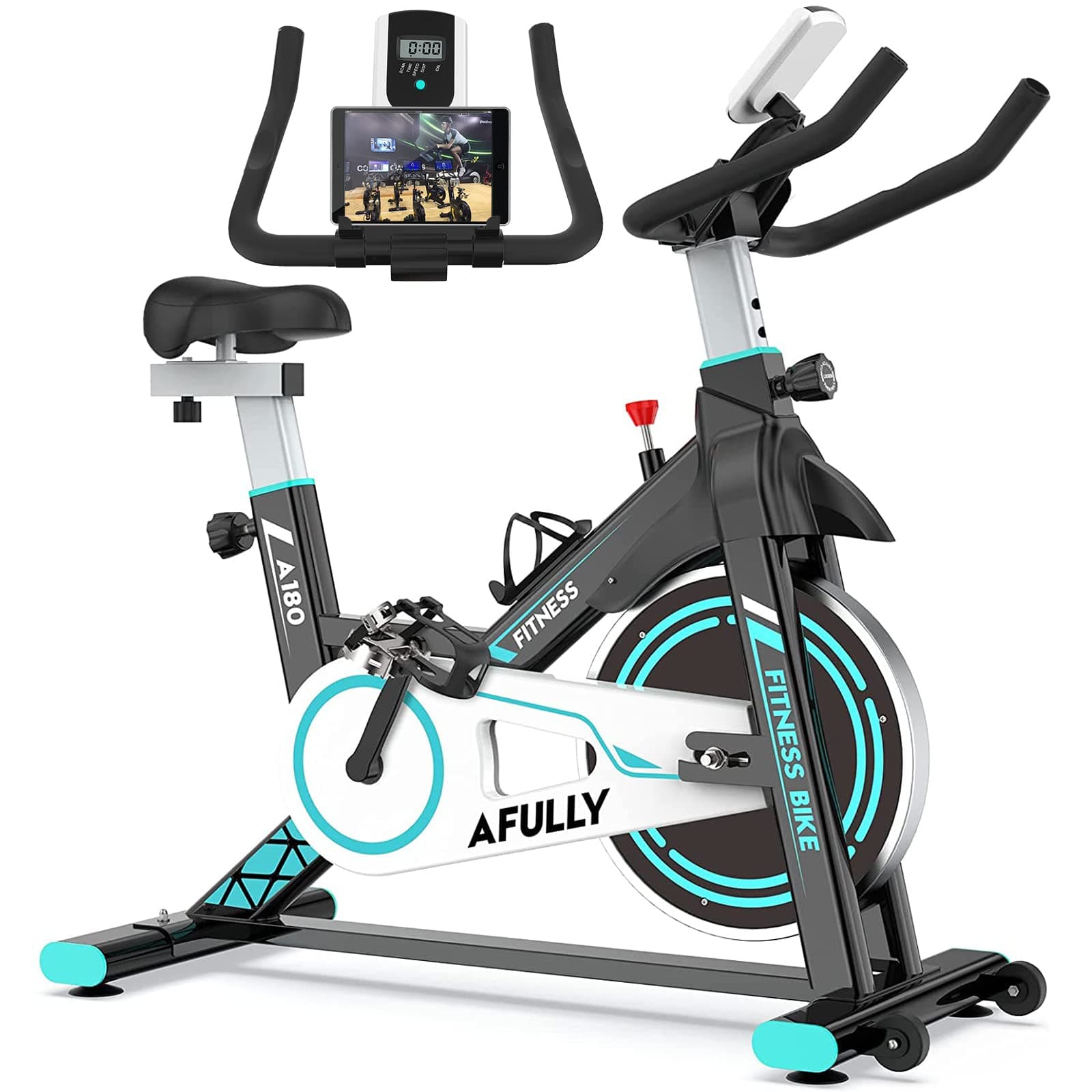 Afully Indoor Exercise Bikes Stationary, Fitness Bike Upright Cycling Belt Drive with Adjustable Resistance, LCD Monitor&Phone Holder Quiet for Home Cardio Workout