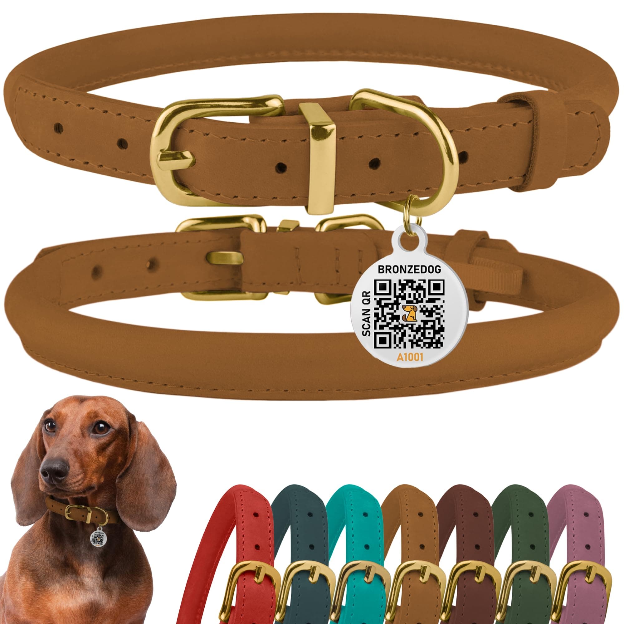 BronzeDog Rolled Leather Dog Collar with QR ID Tag, Adjustable Soft Round Collars for Small Medium Large Dogs Puppy (14" - 16" Neck Size, Light Brown)