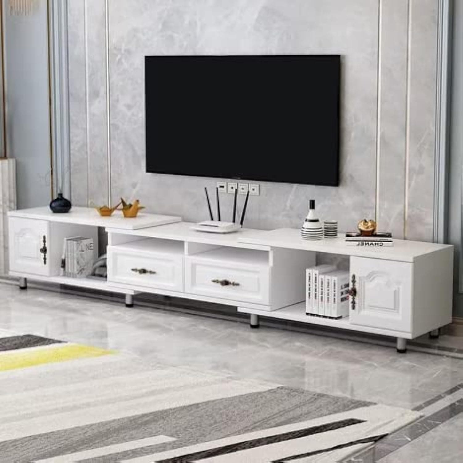 Jantens TV Unit Retractable TV Table Cabinet, Mordern TV shelf for entertainment center decor, Media Console Shelf Living Room Furniture- Large Storage