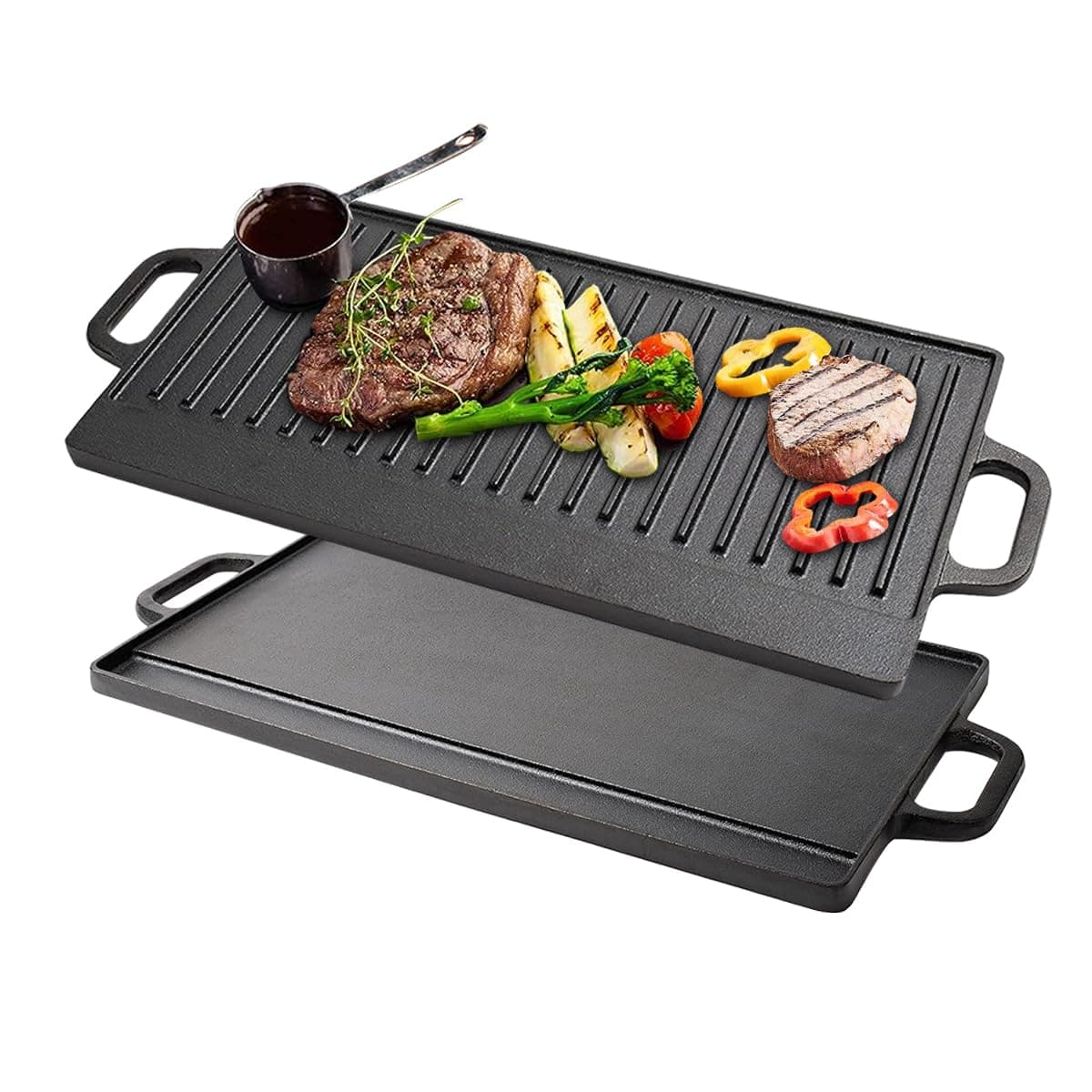Reversible Grill Griddle Pan Rectangular Cast Iron Grill Plate, Nonstick Grill Pan with Handles Preseasoned Double Burner Griddle for Gas Grills Stove Top, Heavy Duty Cooking Skillet Grill Camping BBQ